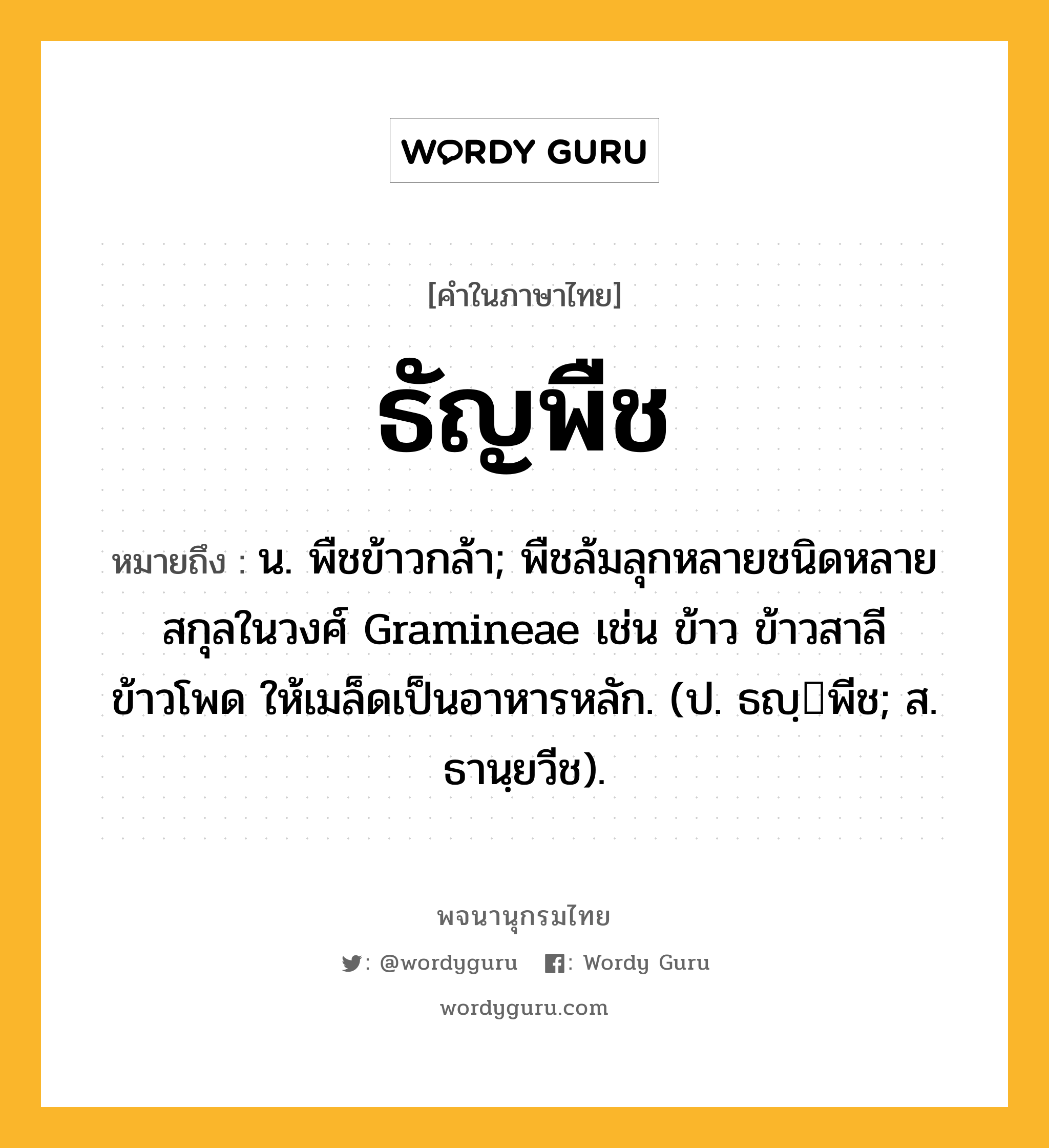 ธัญพืช หมายถึงอะไร?, คำในภาษาไทย ธัญพืช หมายถึง น. พืชข้าวกล้า; พืชล้มลุกหลายชนิดหลายสกุลในวงศ์ Gramineae เช่น ข้าว ข้าวสาลี ข้าวโพด ให้เมล็ดเป็นอาหารหลัก. (ป. ธญฺพีช; ส. ธานฺยวีช).