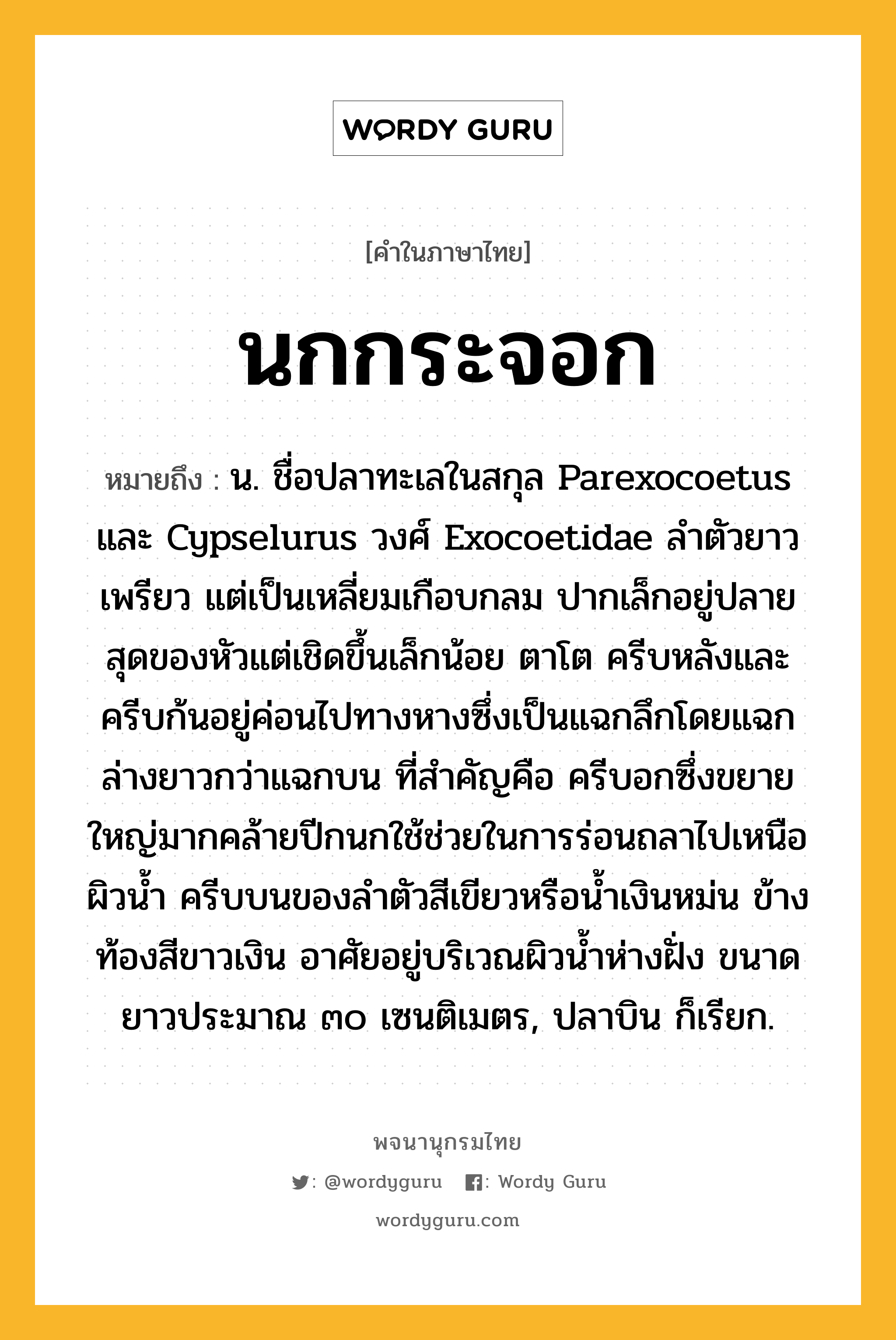 นกกระจอก หมายถึงอะไร?, คำในภาษาไทย นกกระจอก หมายถึง น. ชื่อปลาทะเลในสกุล Parexocoetus และ Cypselurus วงศ์ Exocoetidae ลําตัวยาวเพรียว แต่เป็นเหลี่ยมเกือบกลม ปากเล็กอยู่ปลายสุดของหัวแต่เชิดขึ้นเล็กน้อย ตาโต ครีบหลังและครีบก้นอยู่ค่อนไปทางหางซึ่งเป็นแฉกลึกโดยแฉกล่างยาวกว่าแฉกบน ที่สําคัญคือ ครีบอกซึ่งขยายใหญ่มากคล้ายปีกนกใช้ช่วยในการร่อนถลาไปเหนือผิวนํ้า ครีบบนของลําตัวสีเขียวหรือนํ้าเงินหม่น ข้างท้องสีขาวเงิน อาศัยอยู่บริเวณผิวนํ้าห่างฝั่ง ขนาดยาวประมาณ ๓๐ เซนติเมตร, ปลาบิน ก็เรียก.