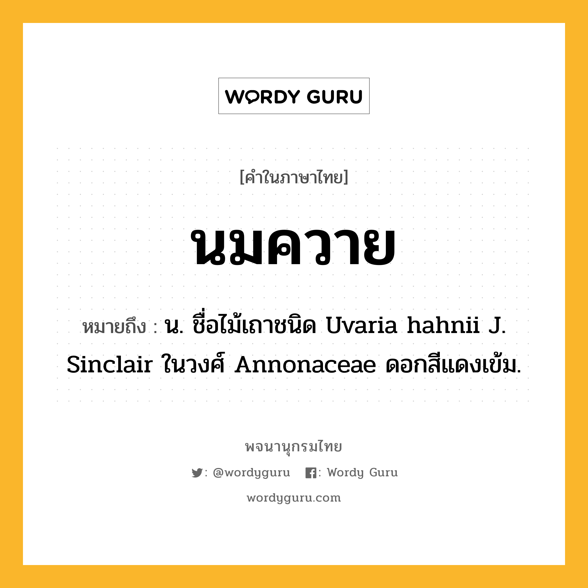 นมควาย ความหมาย หมายถึงอะไร?, คำในภาษาไทย นมควาย หมายถึง น. ชื่อไม้เถาชนิด Uvaria hahnii J. Sinclair ในวงศ์ Annonaceae ดอกสีแดงเข้ม.