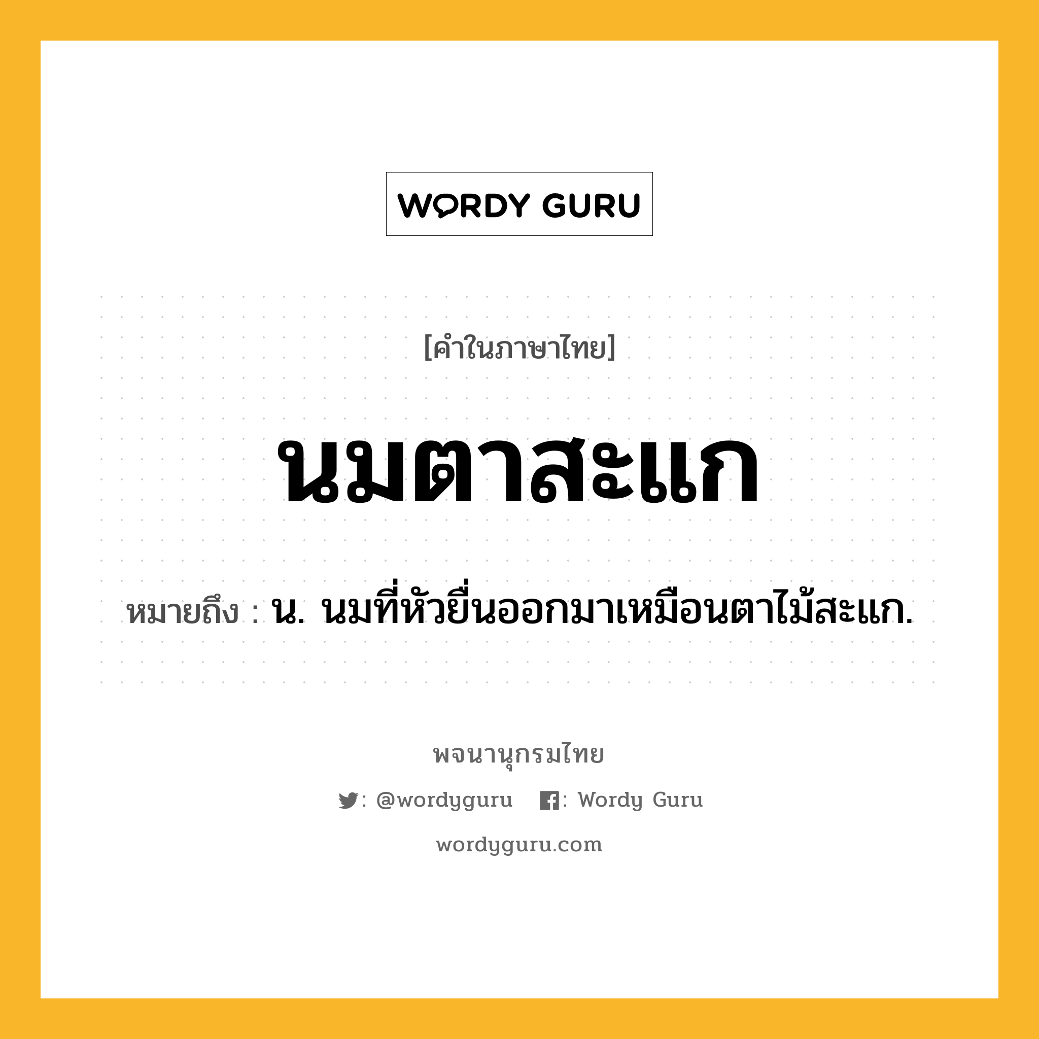 นมตาสะแก ความหมาย หมายถึงอะไร?, คำในภาษาไทย นมตาสะแก หมายถึง น. นมที่หัวยื่นออกมาเหมือนตาไม้สะแก.