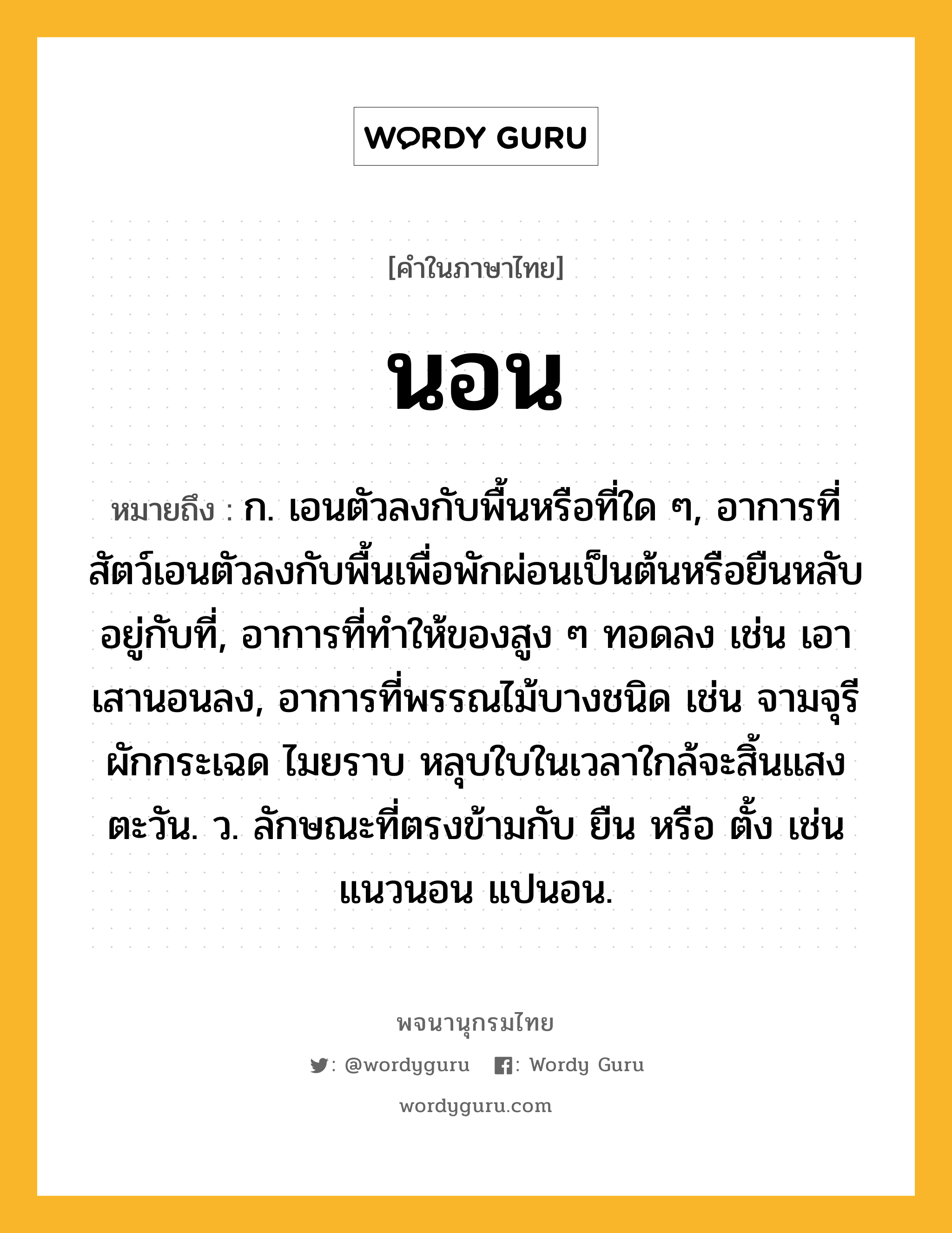 นอน หมายถึงอะไร?, คำในภาษาไทย นอน หมายถึง ก. เอนตัวลงกับพื้นหรือที่ใด ๆ, อาการที่สัตว์เอนตัวลงกับพื้นเพื่อพักผ่อนเป็นต้นหรือยืนหลับอยู่กับที่, อาการที่ทําให้ของสูง ๆ ทอดลง เช่น เอาเสานอนลง, อาการที่พรรณไม้บางชนิด เช่น จามจุรี ผักกระเฉด ไมยราบ หลุบใบในเวลาใกล้จะสิ้นแสงตะวัน. ว. ลักษณะที่ตรงข้ามกับ ยืน หรือ ตั้ง เช่น แนวนอน แปนอน.