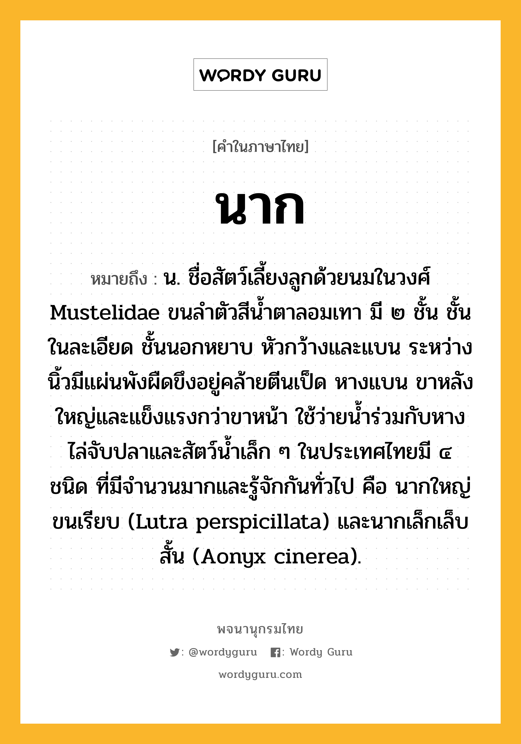 นาก หมายถึงอะไร?, คำในภาษาไทย นาก หมายถึง น. ชื่อสัตว์เลี้ยงลูกด้วยนมในวงศ์ Mustelidae ขนลําตัวสีนํ้าตาลอมเทา มี ๒ ชั้น ชั้นในละเอียด ชั้นนอกหยาบ หัวกว้างและแบน ระหว่างนิ้วมีแผ่นพังผืดขึงอยู่คล้ายตีนเป็ด หางแบน ขาหลังใหญ่และแข็งแรงกว่าขาหน้า ใช้ว่ายนํ้าร่วมกับหาง ไล่จับปลาและสัตว์นํ้าเล็ก ๆ ในประเทศไทยมี ๔ ชนิด ที่มีจํานวนมากและรู้จักกันทั่วไป คือ นากใหญ่ขนเรียบ (Lutra perspicillata) และนากเล็กเล็บสั้น (Aonyx cinerea).