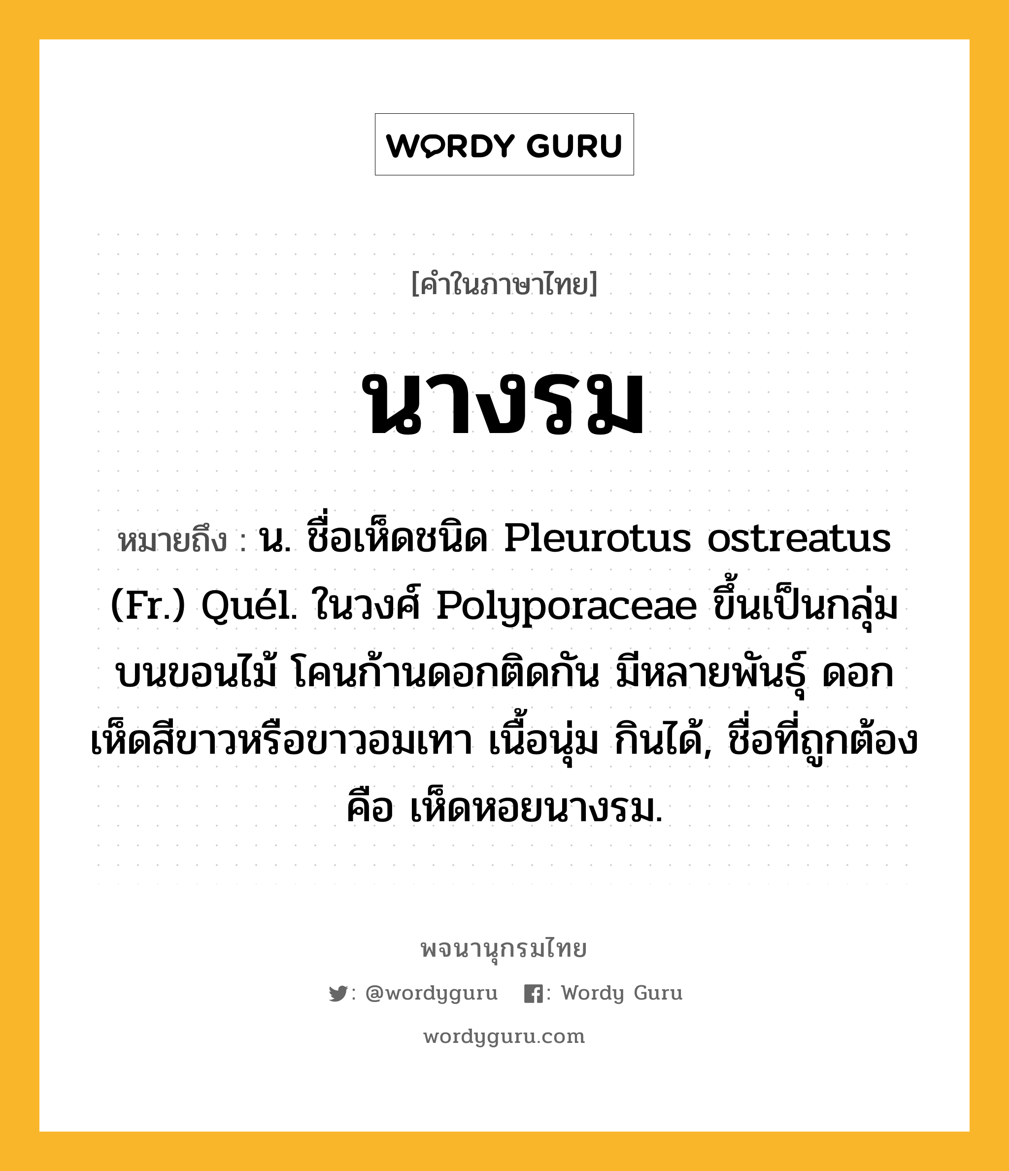 นางรม ความหมาย หมายถึงอะไร?, คำในภาษาไทย นางรม หมายถึง น. ชื่อเห็ดชนิด Pleurotus ostreatus (Fr.) Quél. ในวงศ์ Polyporaceae ขึ้นเป็นกลุ่มบนขอนไม้ โคนก้านดอกติดกัน มีหลายพันธุ์ ดอกเห็ดสีขาวหรือขาวอมเทา เนื้อนุ่ม กินได้, ชื่อที่ถูกต้องคือ เห็ดหอยนางรม.