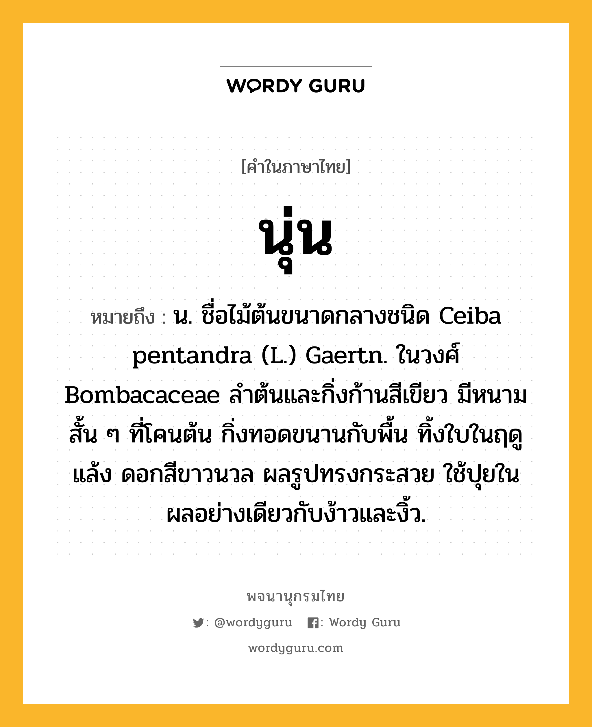 นุ่น หมายถึงอะไร?, คำในภาษาไทย นุ่น หมายถึง น. ชื่อไม้ต้นขนาดกลางชนิด Ceiba pentandra (L.) Gaertn. ในวงศ์ Bombacaceae ลําต้นและกิ่งก้านสีเขียว มีหนามสั้น ๆ ที่โคนต้น กิ่งทอดขนานกับพื้น ทิ้งใบในฤดูแล้ง ดอกสีขาวนวล ผลรูปทรงกระสวย ใช้ปุยในผลอย่างเดียวกับง้าวและงิ้ว.