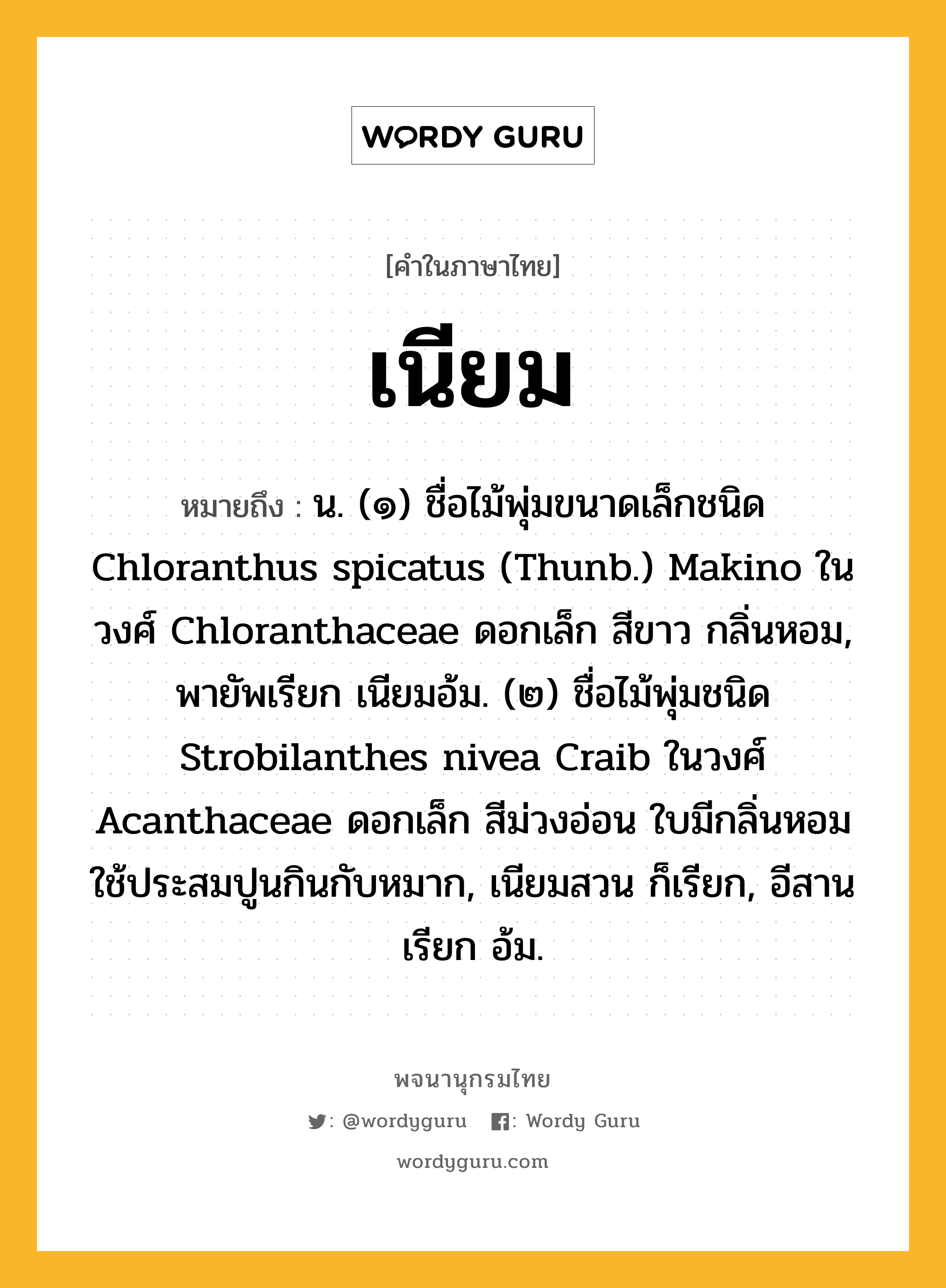 เนียม ความหมาย หมายถึงอะไร?, คำในภาษาไทย เนียม หมายถึง น. (๑) ชื่อไม้พุ่มขนาดเล็กชนิด Chloranthus spicatus (Thunb.) Makino ในวงศ์ Chloranthaceae ดอกเล็ก สีขาว กลิ่นหอม, พายัพเรียก เนียมอ้ม. (๒) ชื่อไม้พุ่มชนิด Strobilanthes nivea Craib ในวงศ์ Acanthaceae ดอกเล็ก สีม่วงอ่อน ใบมีกลิ่นหอมใช้ประสมปูนกินกับหมาก, เนียมสวน ก็เรียก, อีสานเรียก อ้ม.