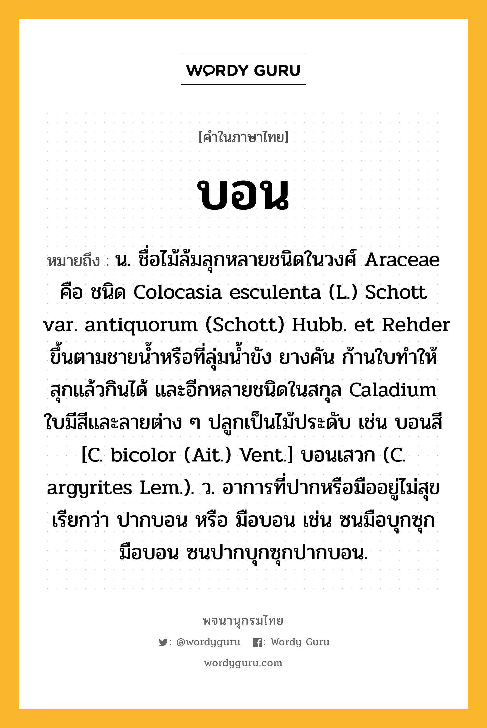 บอน หมายถึงอะไร?, คำในภาษาไทย บอน หมายถึง น. ชื่อไม้ล้มลุกหลายชนิดในวงศ์ Araceae คือ ชนิด Colocasia esculenta (L.) Schott var. antiquorum (Schott) Hubb. et Rehder ขึ้นตามชายนํ้าหรือที่ลุ่มนํ้าขัง ยางคัน ก้านใบทําให้สุกแล้วกินได้ และอีกหลายชนิดในสกุล Caladium ใบมีสีและลายต่าง ๆ ปลูกเป็นไม้ประดับ เช่น บอนสี [C. bicolor (Ait.) Vent.] บอนเสวก (C. argyrites Lem.). ว. อาการที่ปากหรือมืออยู่ไม่สุข เรียกว่า ปากบอน หรือ มือบอน เช่น ซนมือบุกซุกมือบอน ซนปากบุกซุกปากบอน.