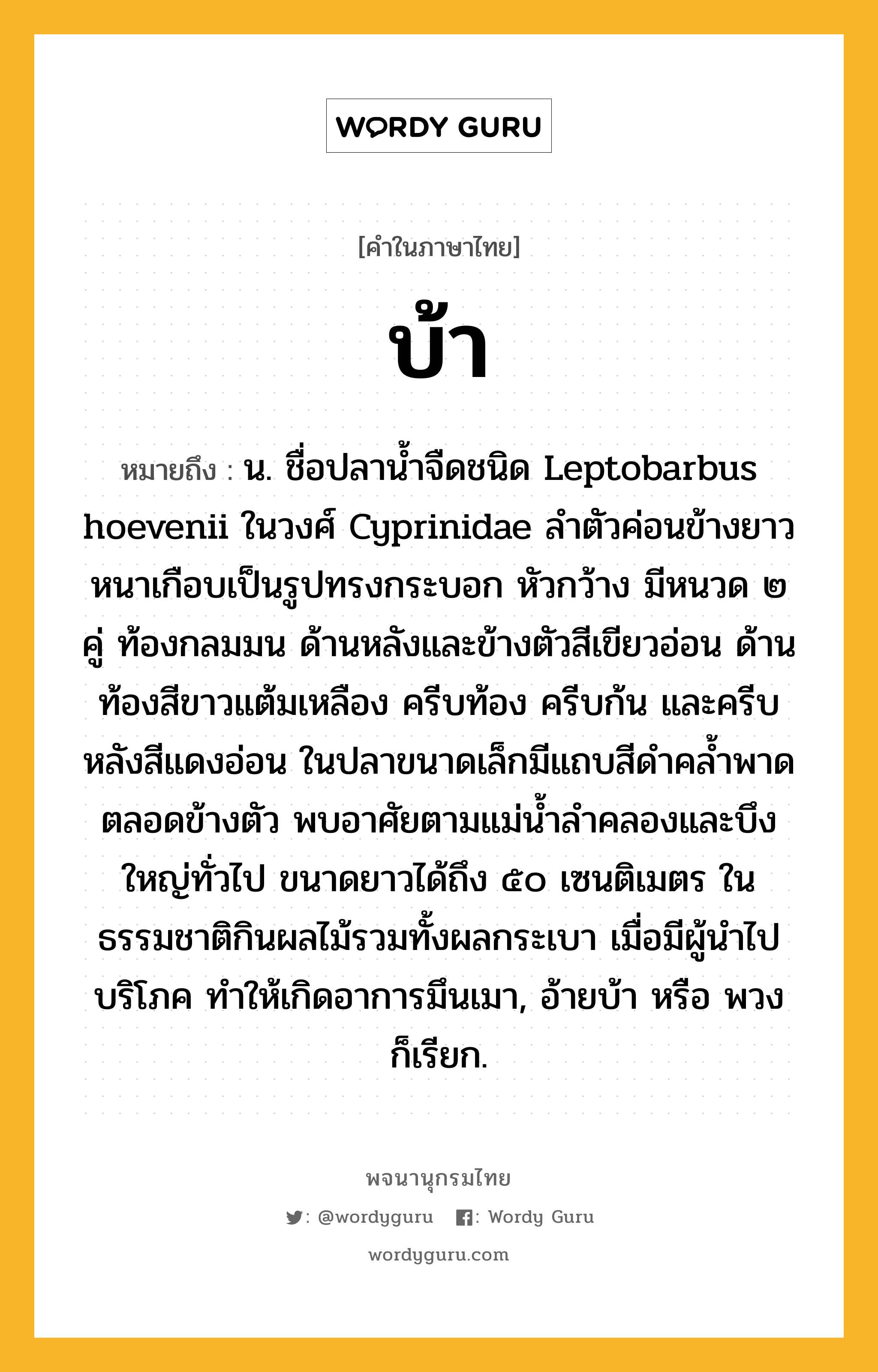 บ้า หมายถึงอะไร?, คำในภาษาไทย บ้า หมายถึง น. ชื่อปลานํ้าจืดชนิด Leptobarbus hoevenii ในวงศ์ Cyprinidae ลําตัวค่อนข้างยาวหนาเกือบเป็นรูปทรงกระบอก หัวกว้าง มีหนวด ๒ คู่ ท้องกลมมน ด้านหลังและข้างตัวสีเขียวอ่อน ด้านท้องสีขาวแต้มเหลือง ครีบท้อง ครีบก้น และครีบหลังสีแดงอ่อน ในปลาขนาดเล็กมีแถบสีดําคลํ้าพาดตลอดข้างตัว พบอาศัยตามแม่นํ้าลําคลองและบึงใหญ่ทั่วไป ขนาดยาวได้ถึง ๕๐ เซนติเมตร ในธรรมชาติกินผลไม้รวมทั้งผลกระเบา เมื่อมีผู้นําไปบริโภค ทําให้เกิดอาการมึนเมา, อ้ายบ้า หรือ พวง ก็เรียก.