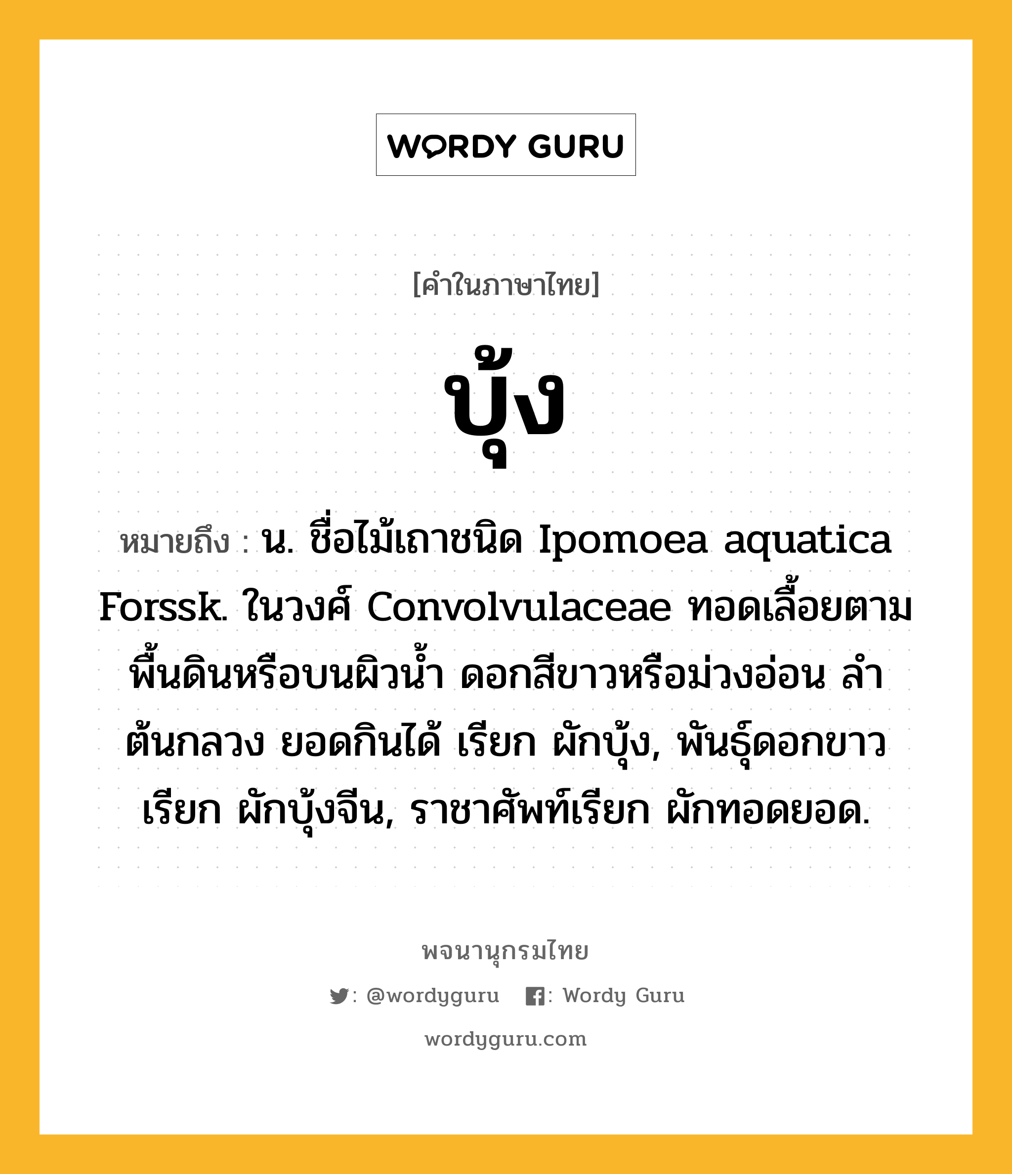 บุ้ง หมายถึงอะไร?, คำในภาษาไทย บุ้ง หมายถึง น. ชื่อไม้เถาชนิด Ipomoea aquatica Forssk. ในวงศ์ Convolvulaceae ทอดเลื้อยตามพื้นดินหรือบนผิวนํ้า ดอกสีขาวหรือม่วงอ่อน ลําต้นกลวง ยอดกินได้ เรียก ผักบุ้ง, พันธุ์ดอกขาวเรียก ผักบุ้งจีน, ราชาศัพท์เรียก ผักทอดยอด.