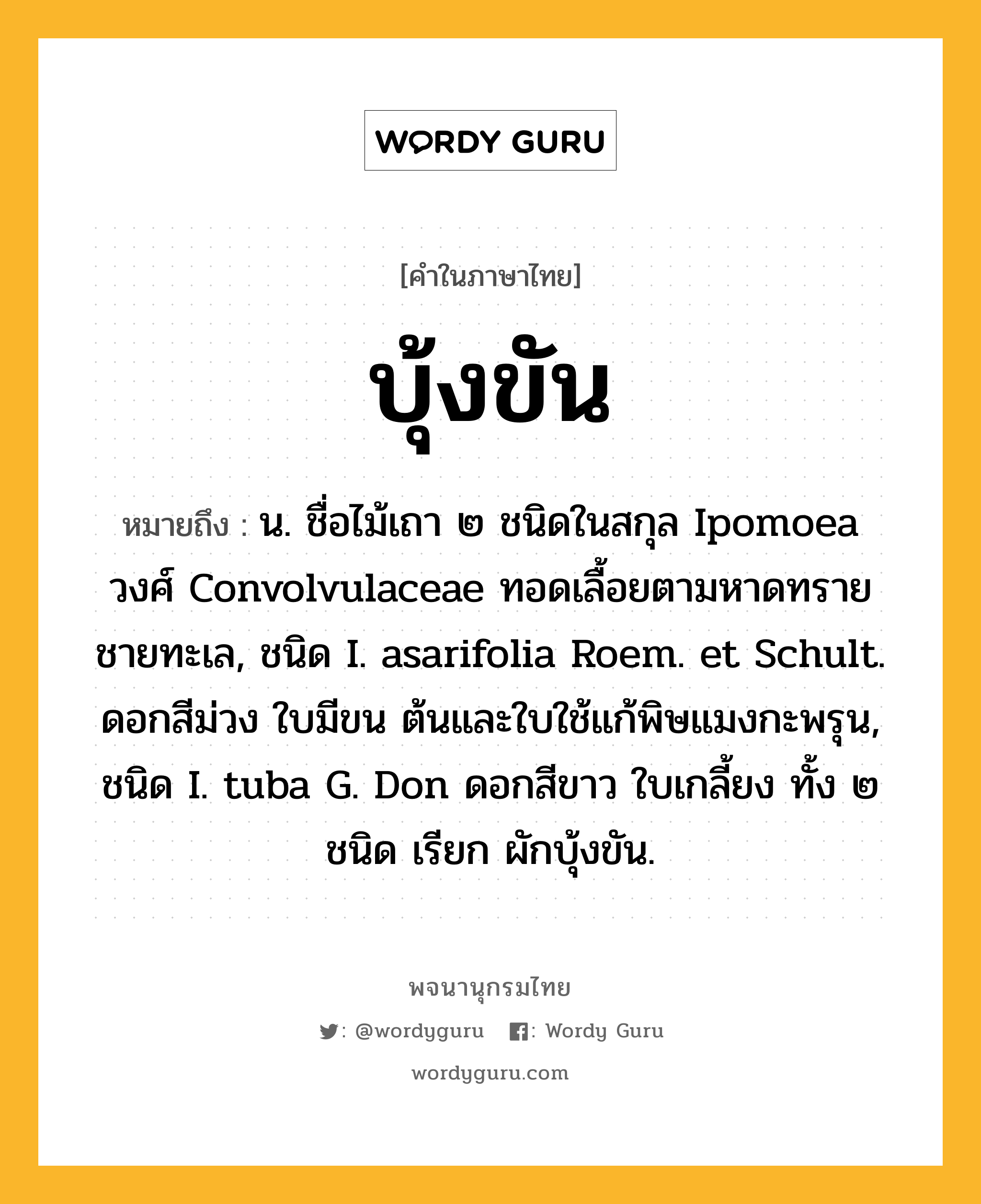 บุ้งขัน หมายถึงอะไร?, คำในภาษาไทย บุ้งขัน หมายถึง น. ชื่อไม้เถา ๒ ชนิดในสกุล Ipomoea วงศ์ Convolvulaceae ทอดเลื้อยตามหาดทรายชายทะเล, ชนิด I. asarifolia Roem. et Schult. ดอกสีม่วง ใบมีขน ต้นและใบใช้แก้พิษแมงกะพรุน, ชนิด I. tuba G. Don ดอกสีขาว ใบเกลี้ยง ทั้ง ๒ ชนิด เรียก ผักบุ้งขัน.