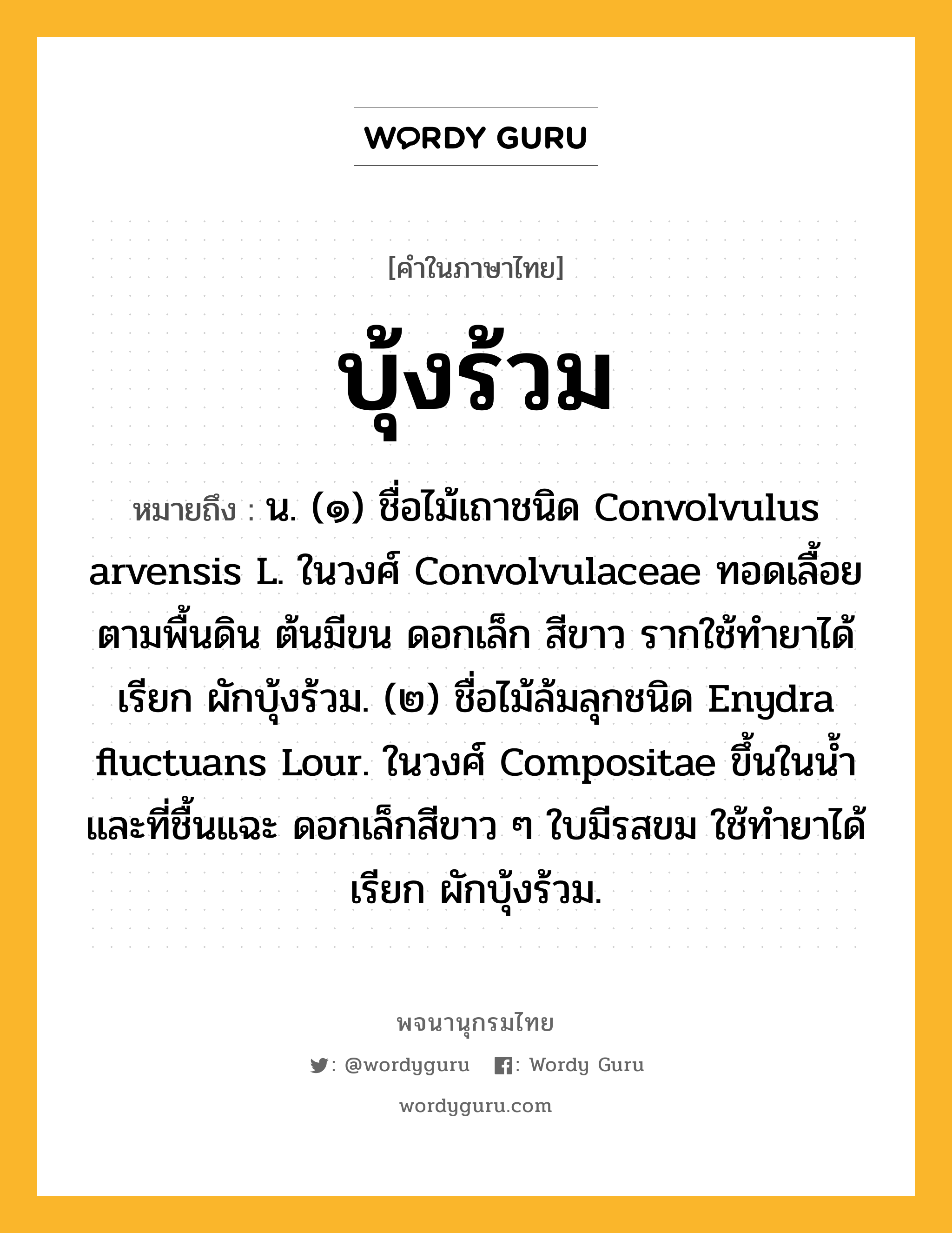 บุ้งร้วม หมายถึงอะไร?, คำในภาษาไทย บุ้งร้วม หมายถึง น. (๑) ชื่อไม้เถาชนิด Convolvulus arvensis L. ในวงศ์ Convolvulaceae ทอดเลื้อยตามพื้นดิน ต้นมีขน ดอกเล็ก สีขาว รากใช้ทํายาได้ เรียก ผักบุ้งร้วม. (๒) ชื่อไม้ล้มลุกชนิด Enydra fluctuans Lour. ในวงศ์ Compositae ขึ้นในนํ้าและที่ชื้นแฉะ ดอกเล็กสีขาว ๆ ใบมีรสขม ใช้ทํายาได้ เรียก ผักบุ้งร้วม.