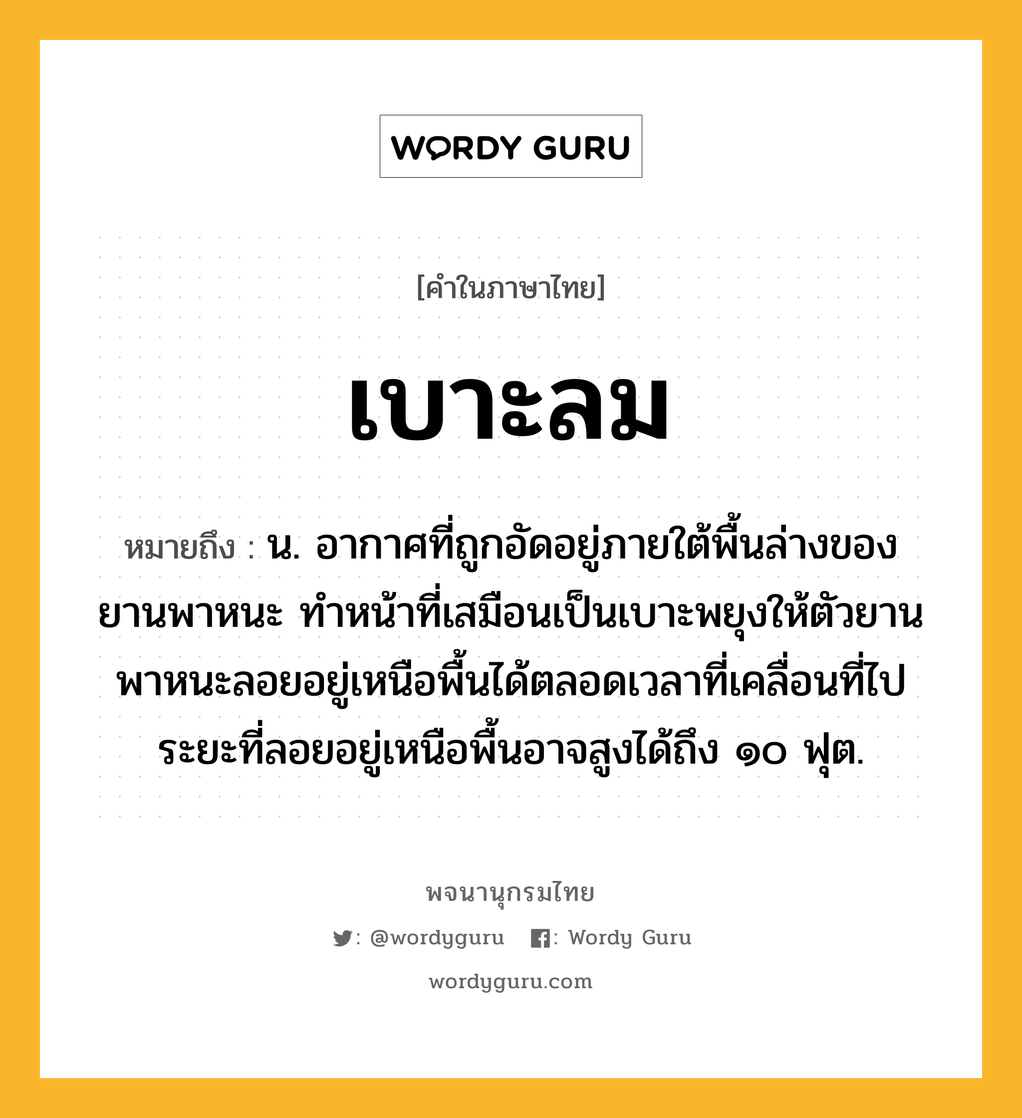 เบาะลม ความหมาย หมายถึงอะไร?, คำในภาษาไทย เบาะลม หมายถึง น. อากาศที่ถูกอัดอยู่ภายใต้พื้นล่างของยานพาหนะ ทําหน้าที่เสมือนเป็นเบาะพยุงให้ตัวยานพาหนะลอยอยู่เหนือพื้นได้ตลอดเวลาที่เคลื่อนที่ไป ระยะที่ลอยอยู่เหนือพื้นอาจสูงได้ถึง ๑๐ ฟุต.