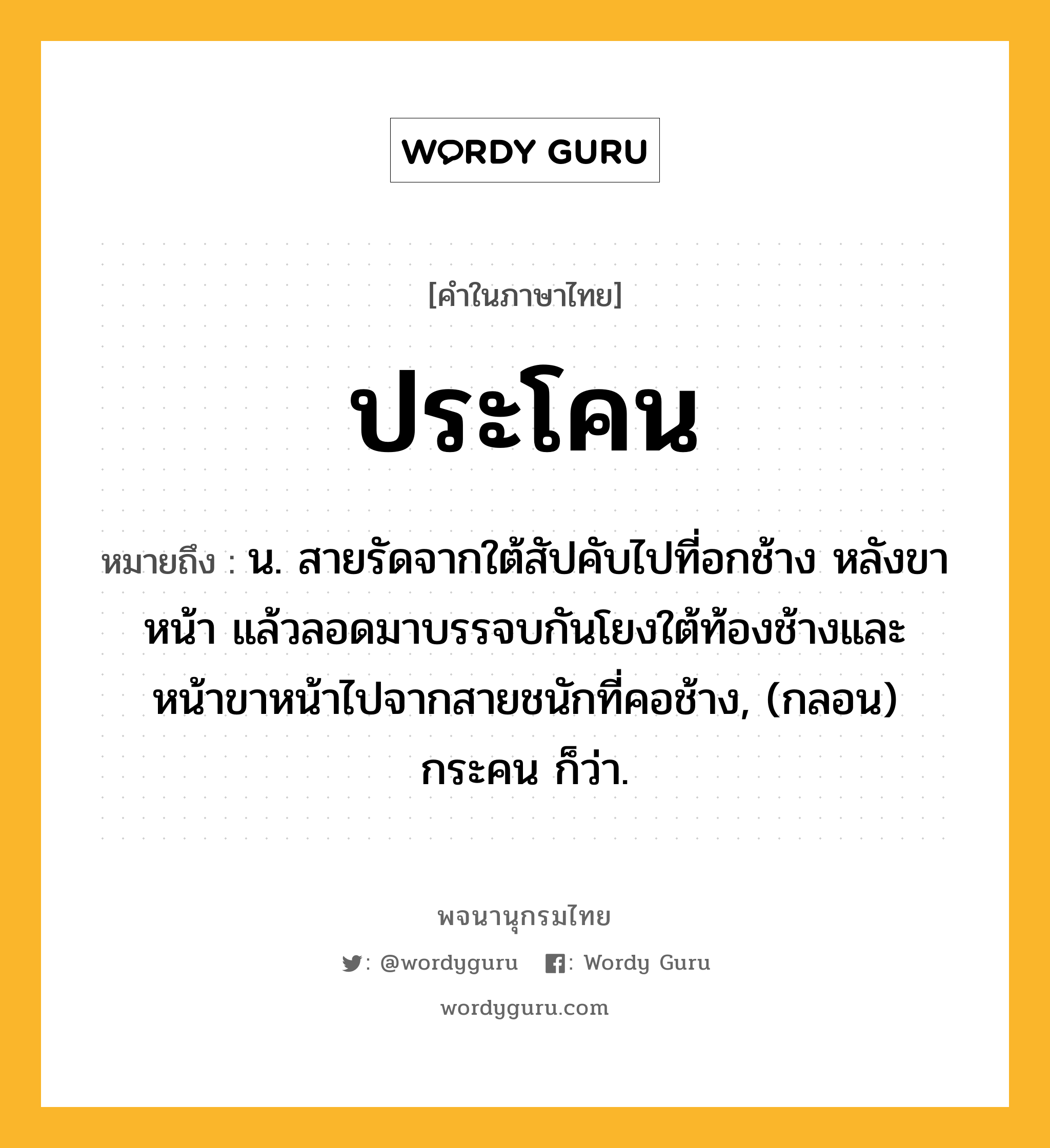 ประโคน หมายถึงอะไร?, คำในภาษาไทย ประโคน หมายถึง น. สายรัดจากใต้สัปคับไปที่อกช้าง หลังขาหน้า แล้วลอดมาบรรจบกันโยงใต้ท้องช้างและหน้าขาหน้าไปจากสายชนักที่คอช้าง, (กลอน) กระคน ก็ว่า.