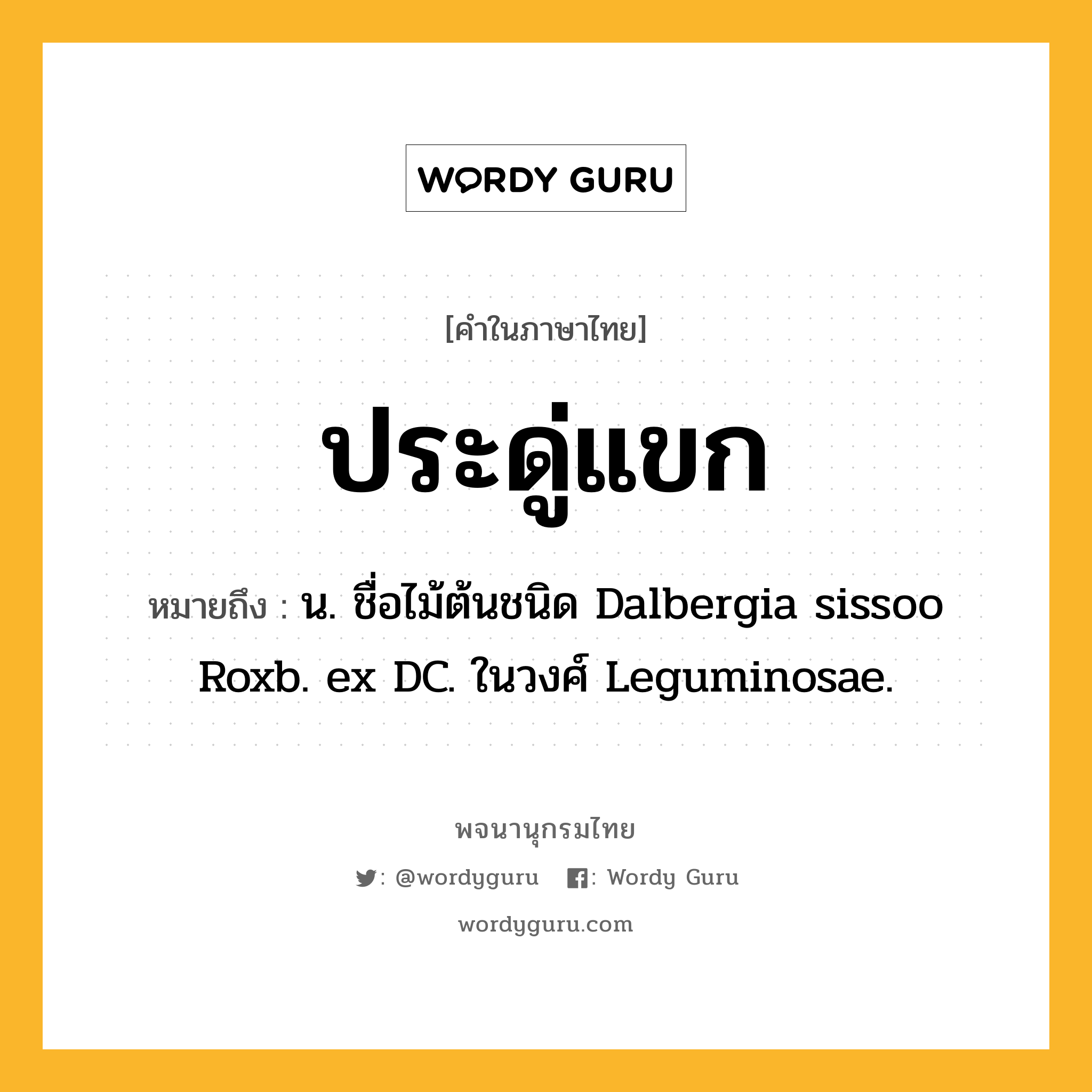 ประดู่แขก หมายถึงอะไร?, คำในภาษาไทย ประดู่แขก หมายถึง น. ชื่อไม้ต้นชนิด Dalbergia sissoo Roxb. ex DC. ในวงศ์ Leguminosae.