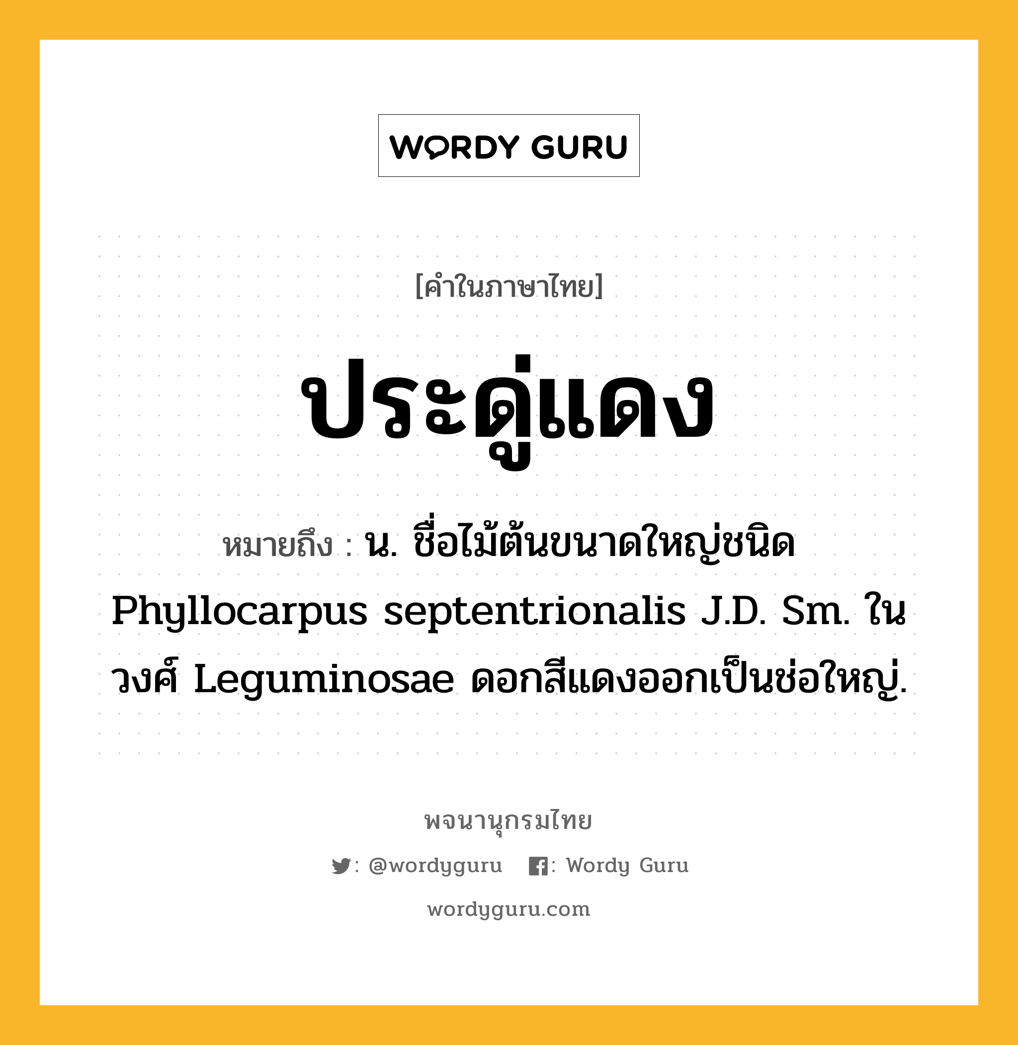 ประดู่แดง หมายถึงอะไร?, คำในภาษาไทย ประดู่แดง หมายถึง น. ชื่อไม้ต้นขนาดใหญ่ชนิด Phyllocarpus septentrionalis J.D. Sm. ในวงศ์ Leguminosae ดอกสีแดงออกเป็นช่อใหญ่.