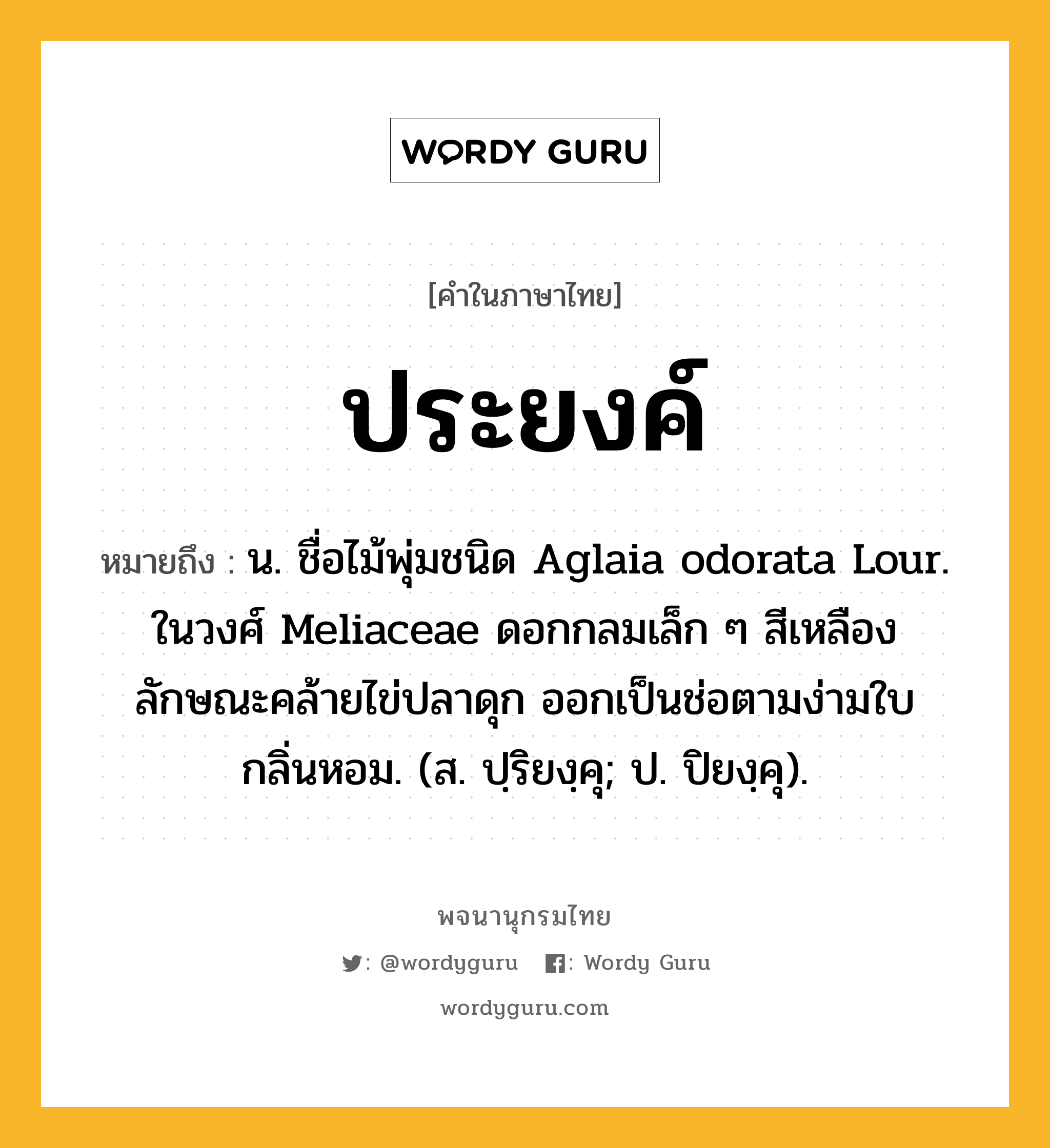 ประยงค์ หมายถึงอะไร?, คำในภาษาไทย ประยงค์ หมายถึง น. ชื่อไม้พุ่มชนิด Aglaia odorata Lour. ในวงศ์ Meliaceae ดอกกลมเล็ก ๆ สีเหลือง ลักษณะคล้ายไข่ปลาดุก ออกเป็นช่อตามง่ามใบ กลิ่นหอม. (ส. ปฺริยงฺคุ; ป. ปิยงฺคุ).