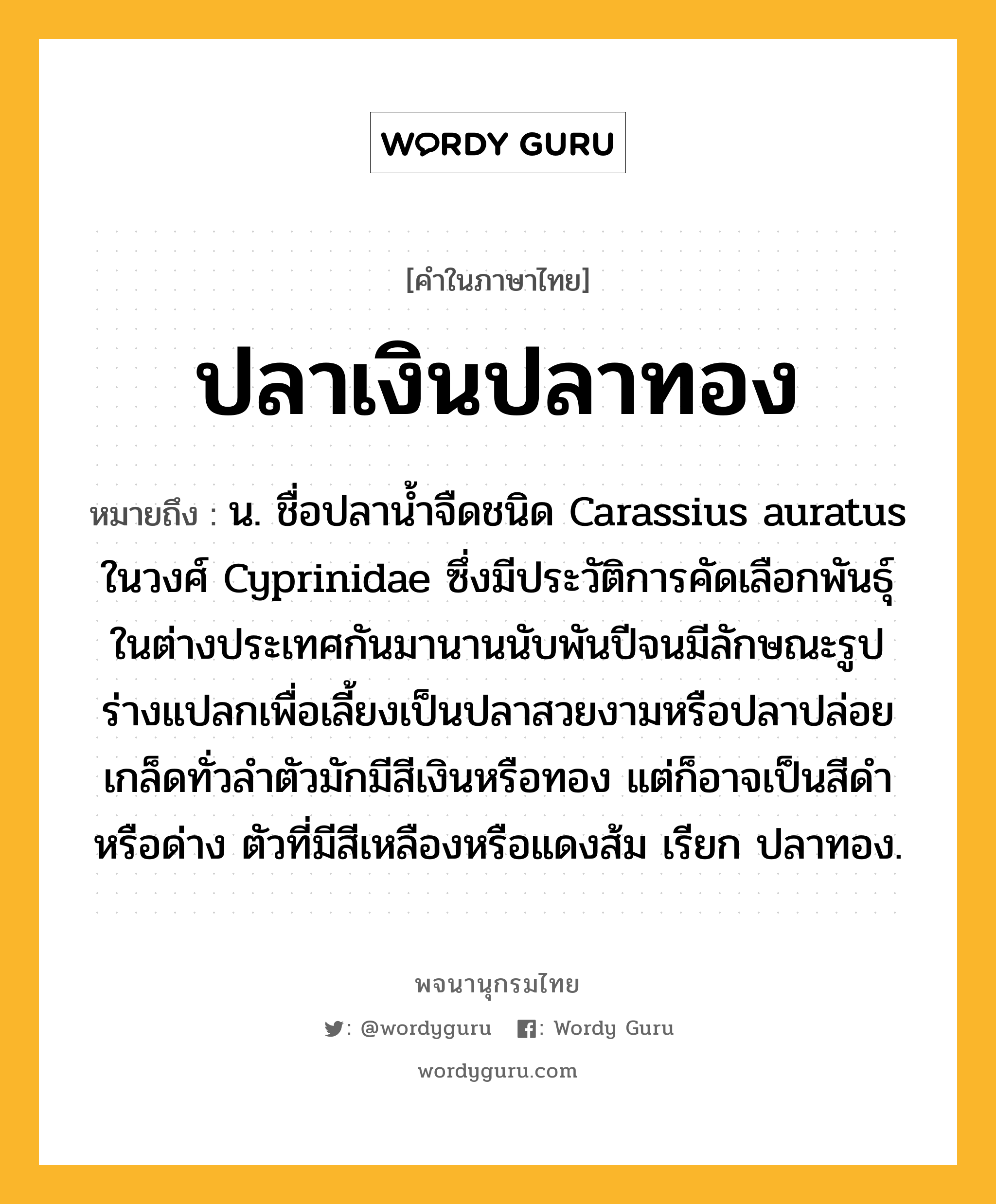 ปลาเงินปลาทอง หมายถึงอะไร?, คำในภาษาไทย ปลาเงินปลาทอง หมายถึง น. ชื่อปลานํ้าจืดชนิด Carassius auratus ในวงศ์ Cyprinidae ซึ่งมีประวัติการคัดเลือกพันธุ์ในต่างประเทศกันมานานนับพันปีจนมีลักษณะรูปร่างแปลกเพื่อเลี้ยงเป็นปลาสวยงามหรือปลาปล่อย เกล็ดทั่วลําตัวมักมีสีเงินหรือทอง แต่ก็อาจเป็นสีดําหรือด่าง ตัวที่มีสีเหลืองหรือแดงส้ม เรียก ปลาทอง.