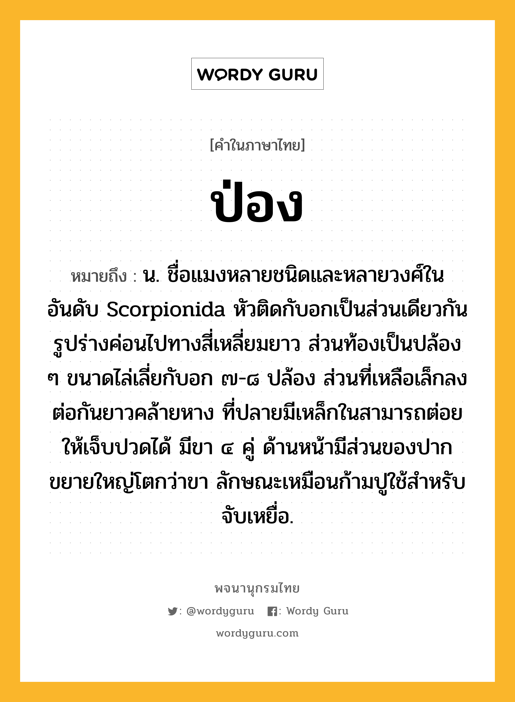 ป่อง หมายถึงอะไร?, คำในภาษาไทย ป่อง หมายถึง น. ชื่อแมงหลายชนิดและหลายวงศ์ในอันดับ Scorpionida หัวติดกับอกเป็นส่วนเดียวกัน รูปร่างค่อนไปทางสี่เหลี่ยมยาว ส่วนท้องเป็นปล้อง ๆ ขนาดไล่เลี่ยกับอก ๗-๘ ปล้อง ส่วนที่เหลือเล็กลงต่อกันยาวคล้ายหาง ที่ปลายมีเหล็กในสามารถต่อยให้เจ็บปวดได้ มีขา ๔ คู่ ด้านหน้ามีส่วนของปากขยายใหญ่โตกว่าขา ลักษณะเหมือนก้ามปูใช้สําหรับจับเหยื่อ.