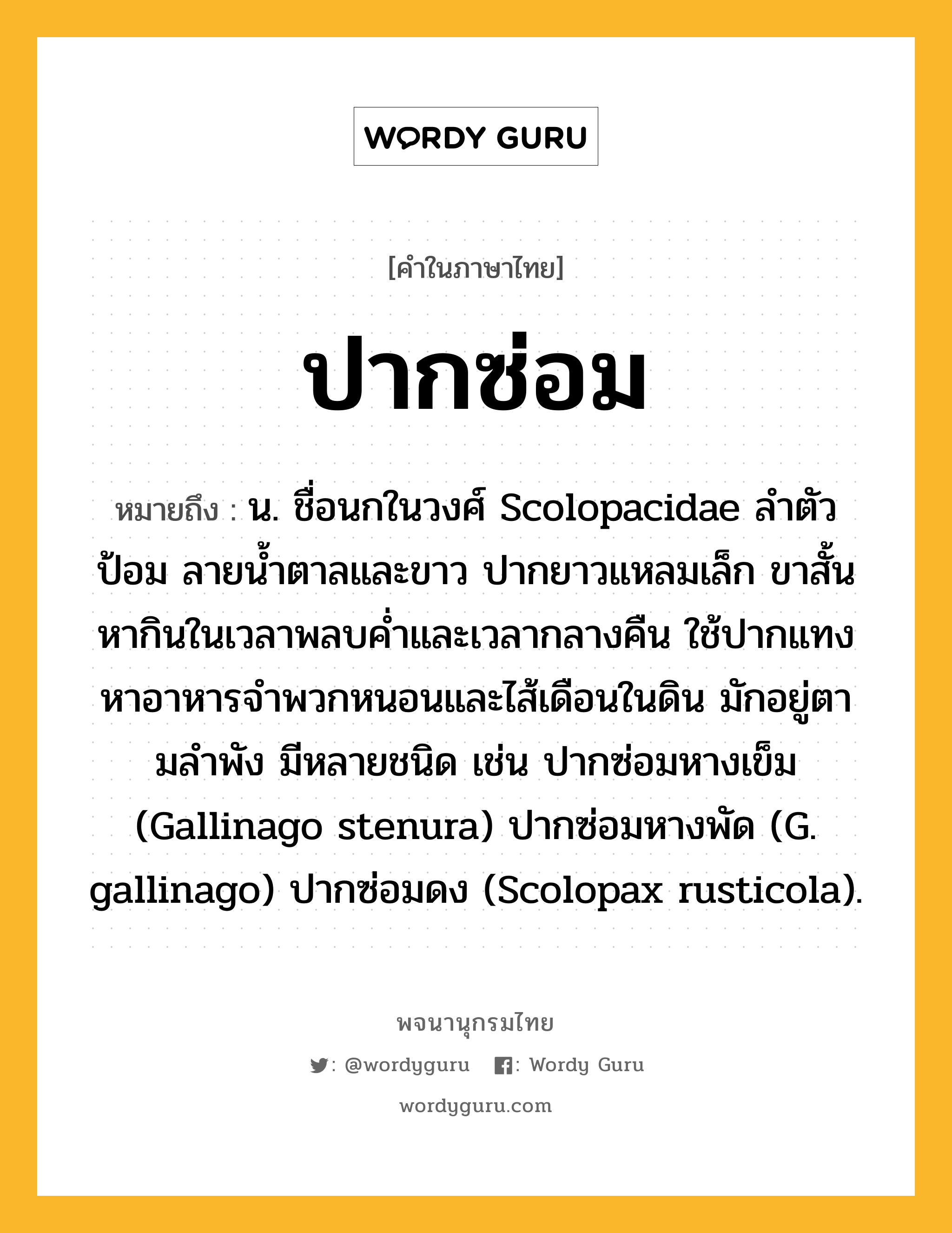 ปากซ่อม หมายถึงอะไร?, คำในภาษาไทย ปากซ่อม หมายถึง น. ชื่อนกในวงศ์ Scolopacidae ลําตัวป้อม ลายนํ้าตาลและขาว ปากยาวแหลมเล็ก ขาสั้น หากินในเวลาพลบคํ่าและเวลากลางคืน ใช้ปากแทงหาอาหารจําพวกหนอนและไส้เดือนในดิน มักอยู่ตามลําพัง มีหลายชนิด เช่น ปากซ่อมหางเข็ม (Gallinago stenura) ปากซ่อมหางพัด (G. gallinago) ปากซ่อมดง (Scolopax rusticola).