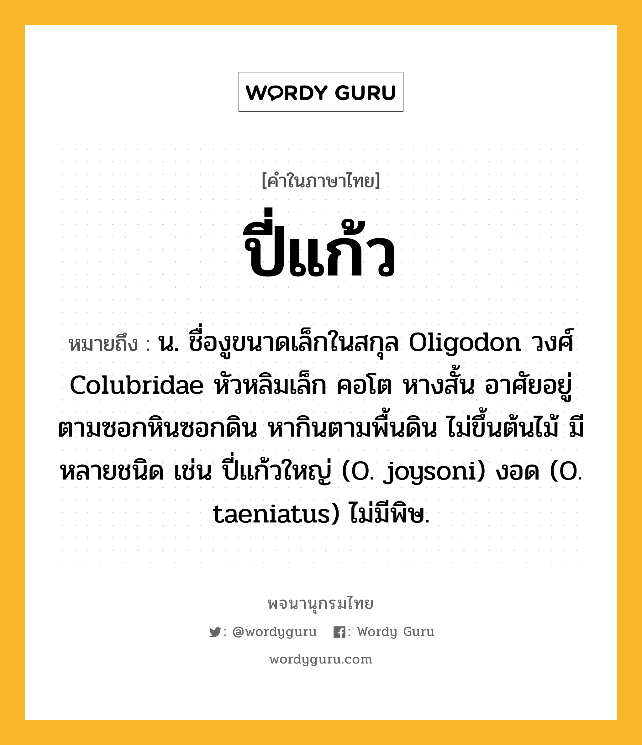 ปี่แก้ว หมายถึงอะไร?, คำในภาษาไทย ปี่แก้ว หมายถึง น. ชื่องูขนาดเล็กในสกุล Oligodon วงศ์ Colubridae หัวหลิมเล็ก คอโต หางสั้น อาศัยอยู่ตามซอกหินซอกดิน หากินตามพื้นดิน ไม่ขึ้นต้นไม้ มีหลายชนิด เช่น ปี่แก้วใหญ่ (O. joysoni) งอด (O. taeniatus) ไม่มีพิษ.