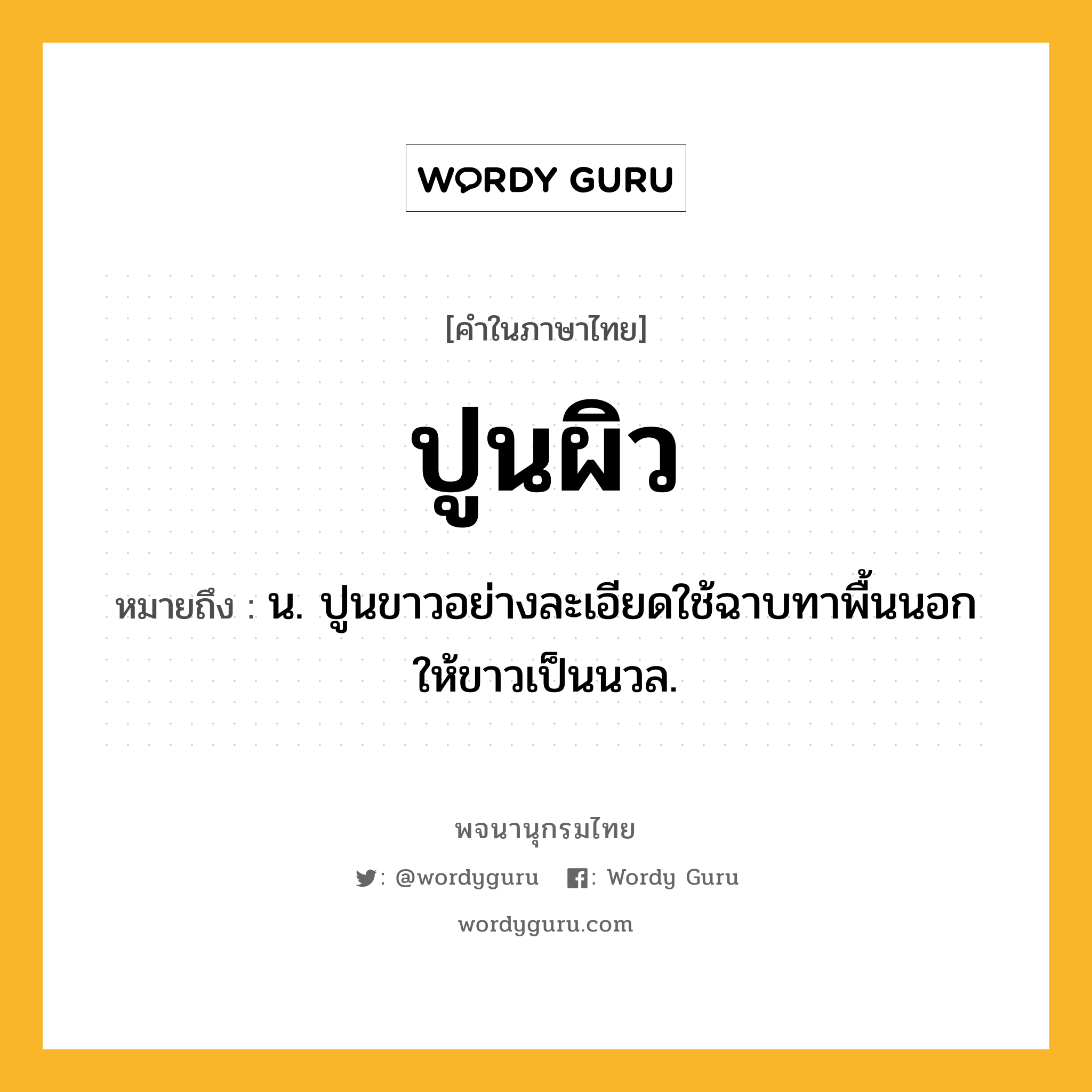 ปูนผิว หมายถึงอะไร?, คำในภาษาไทย ปูนผิว หมายถึง น. ปูนขาวอย่างละเอียดใช้ฉาบทาพื้นนอกให้ขาวเป็นนวล.