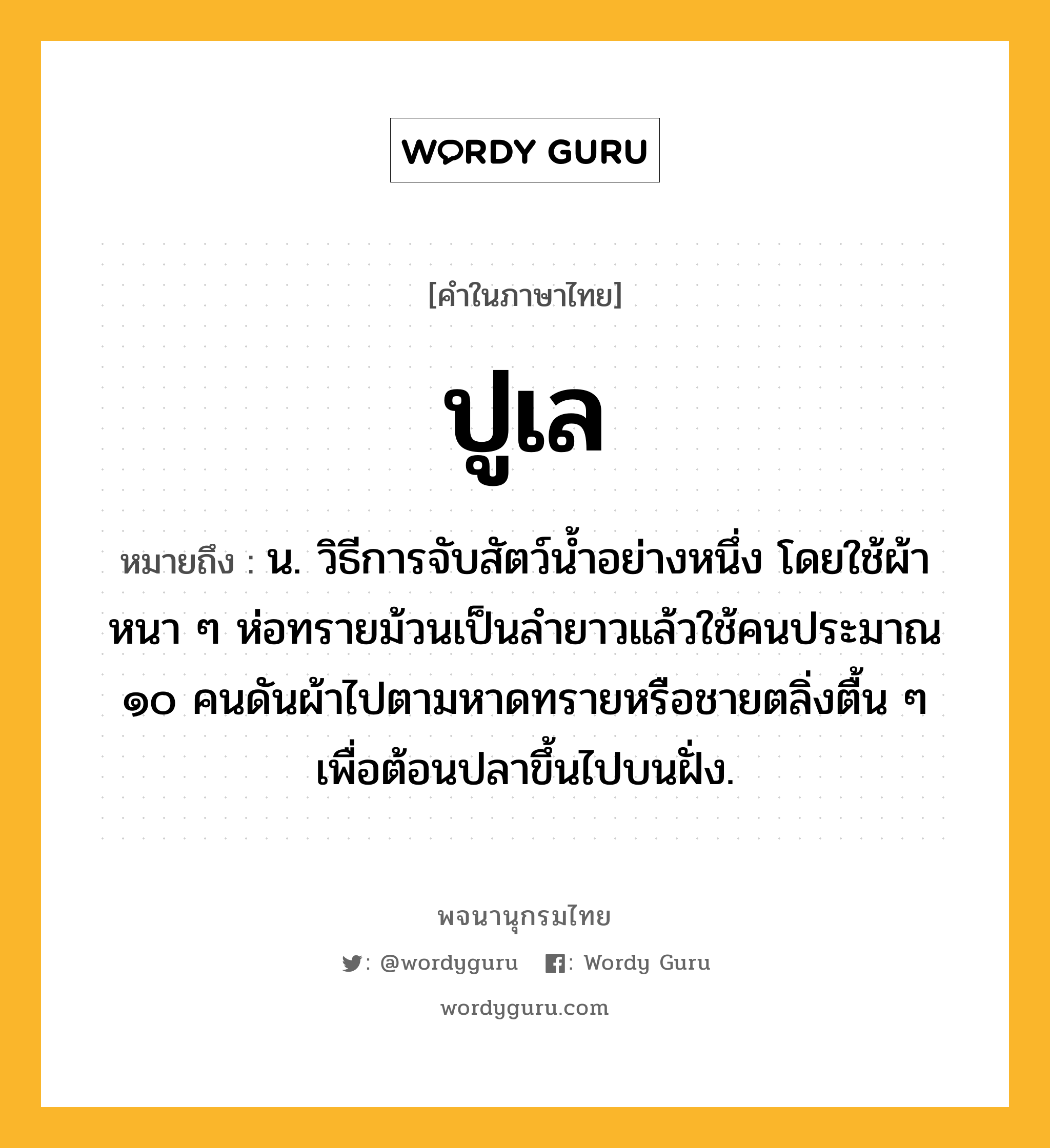 ปูเล หมายถึงอะไร?, คำในภาษาไทย ปูเล หมายถึง น. วิธีการจับสัตว์น้ำอย่างหนึ่ง โดยใช้ผ้าหนา ๆ ห่อทรายม้วนเป็นลำยาวแล้วใช้คนประมาณ ๑๐ คนดันผ้าไปตามหาดทรายหรือชายตลิ่งตื้น ๆ เพื่อต้อนปลาขึ้นไปบนฝั่ง.