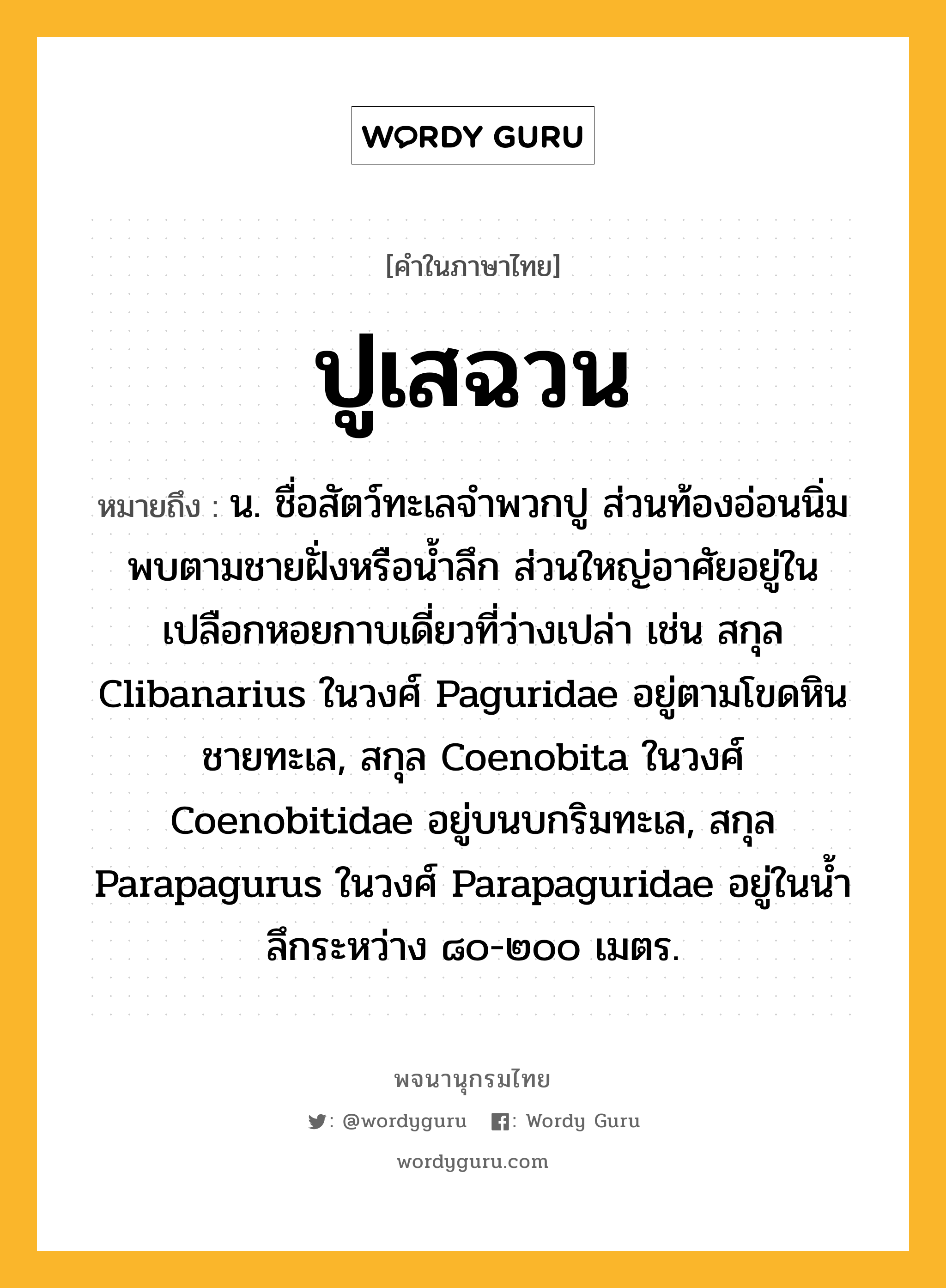 ปูเสฉวน ความหมาย หมายถึงอะไร?, คำในภาษาไทย ปูเสฉวน หมายถึง น. ชื่อสัตว์ทะเลจําพวกปู ส่วนท้องอ่อนนิ่ม พบตามชายฝั่งหรือนํ้าลึก ส่วนใหญ่อาศัยอยู่ในเปลือกหอยกาบเดี่ยวที่ว่างเปล่า เช่น สกุล Clibanarius ในวงศ์ Paguridae อยู่ตามโขดหินชายทะเล, สกุล Coenobita ในวงศ์ Coenobitidae อยู่บนบกริมทะเล, สกุล Parapagurus ในวงศ์ Parapaguridae อยู่ในนํ้าลึกระหว่าง ๘๐-๒๐๐ เมตร.