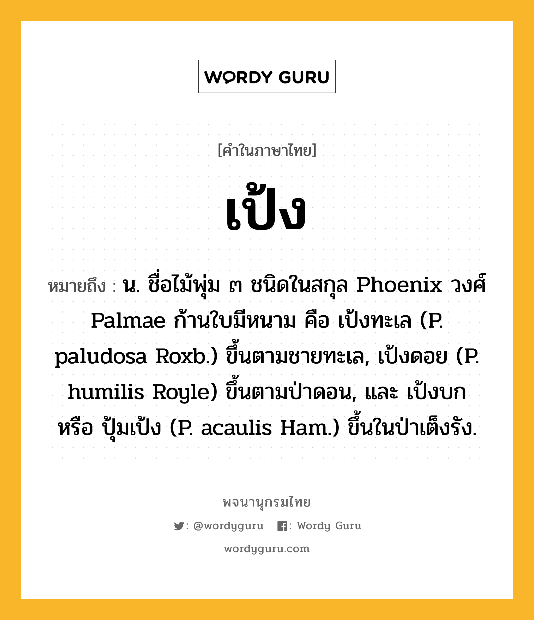 เป้ง หมายถึงอะไร?, คำในภาษาไทย เป้ง หมายถึง น. ชื่อไม้พุ่ม ๓ ชนิดในสกุล Phoenix วงศ์ Palmae ก้านใบมีหนาม คือ เป้งทะเล (P. paludosa Roxb.) ขึ้นตามชายทะเล, เป้งดอย (P. humilis Royle) ขึ้นตามป่าดอน, และ เป้งบก หรือ ปุ้มเป้ง (P. acaulis Ham.) ขึ้นในป่าเต็งรัง.