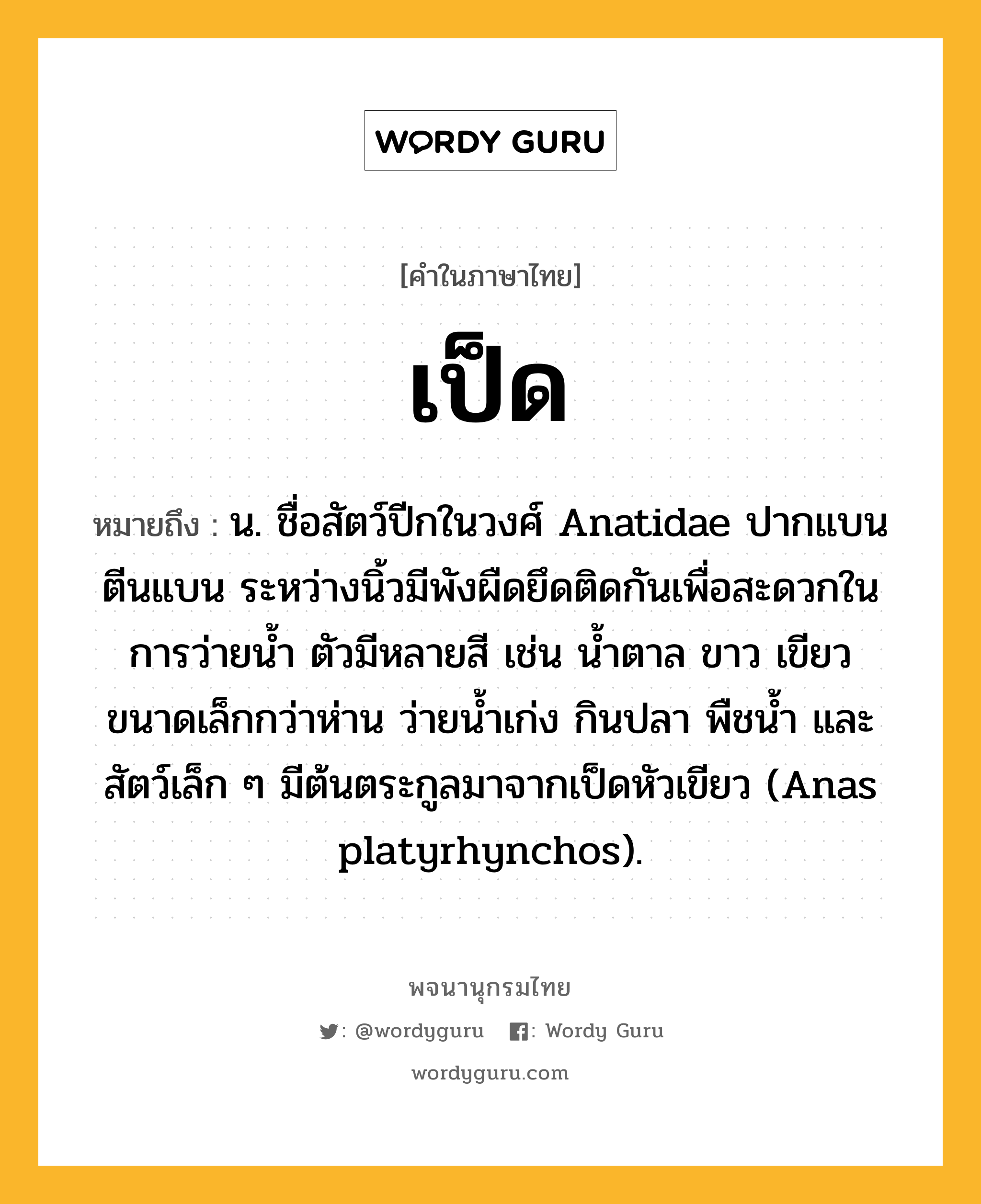 เป็ด หมายถึงอะไร?, คำในภาษาไทย เป็ด หมายถึง น. ชื่อสัตว์ปีกในวงศ์ Anatidae ปากแบน ตีนแบน ระหว่างนิ้วมีพังผืดยึดติดกันเพื่อสะดวกในการว่ายนํ้า ตัวมีหลายสี เช่น นํ้าตาล ขาว เขียว ขนาดเล็กกว่าห่าน ว่ายนํ้าเก่ง กินปลา พืชนํ้า และสัตว์เล็ก ๆ มีต้นตระกูลมาจากเป็ดหัวเขียว (Anas platyrhynchos).