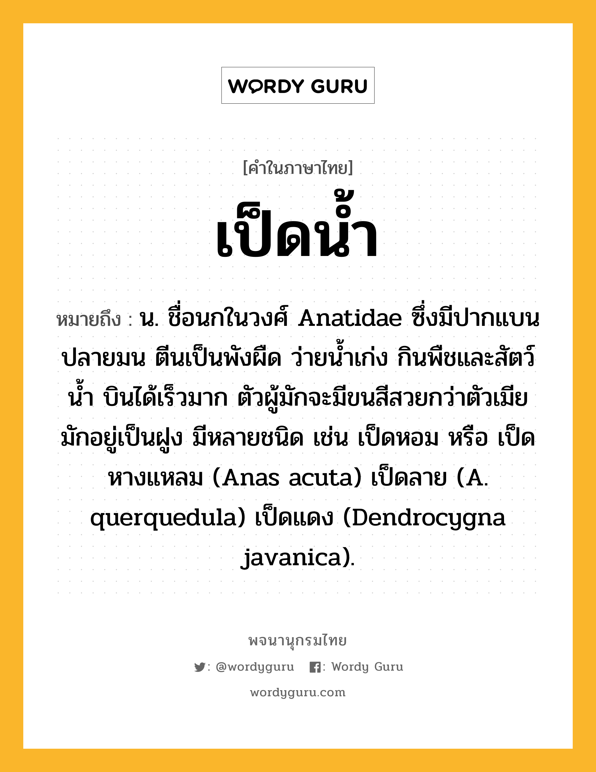 เป็ดน้ำ หมายถึงอะไร?, คำในภาษาไทย เป็ดน้ำ หมายถึง น. ชื่อนกในวงศ์ Anatidae ซึ่งมีปากแบน ปลายมน ตีนเป็นพังผืด ว่ายนํ้าเก่ง กินพืชและสัตว์นํ้า บินได้เร็วมาก ตัวผู้มักจะมีขนสีสวยกว่าตัวเมีย มักอยู่เป็นฝูง มีหลายชนิด เช่น เป็ดหอม หรือ เป็ดหางแหลม (Anas acuta) เป็ดลาย (A. querquedula) เป็ดแดง (Dendrocygna javanica).