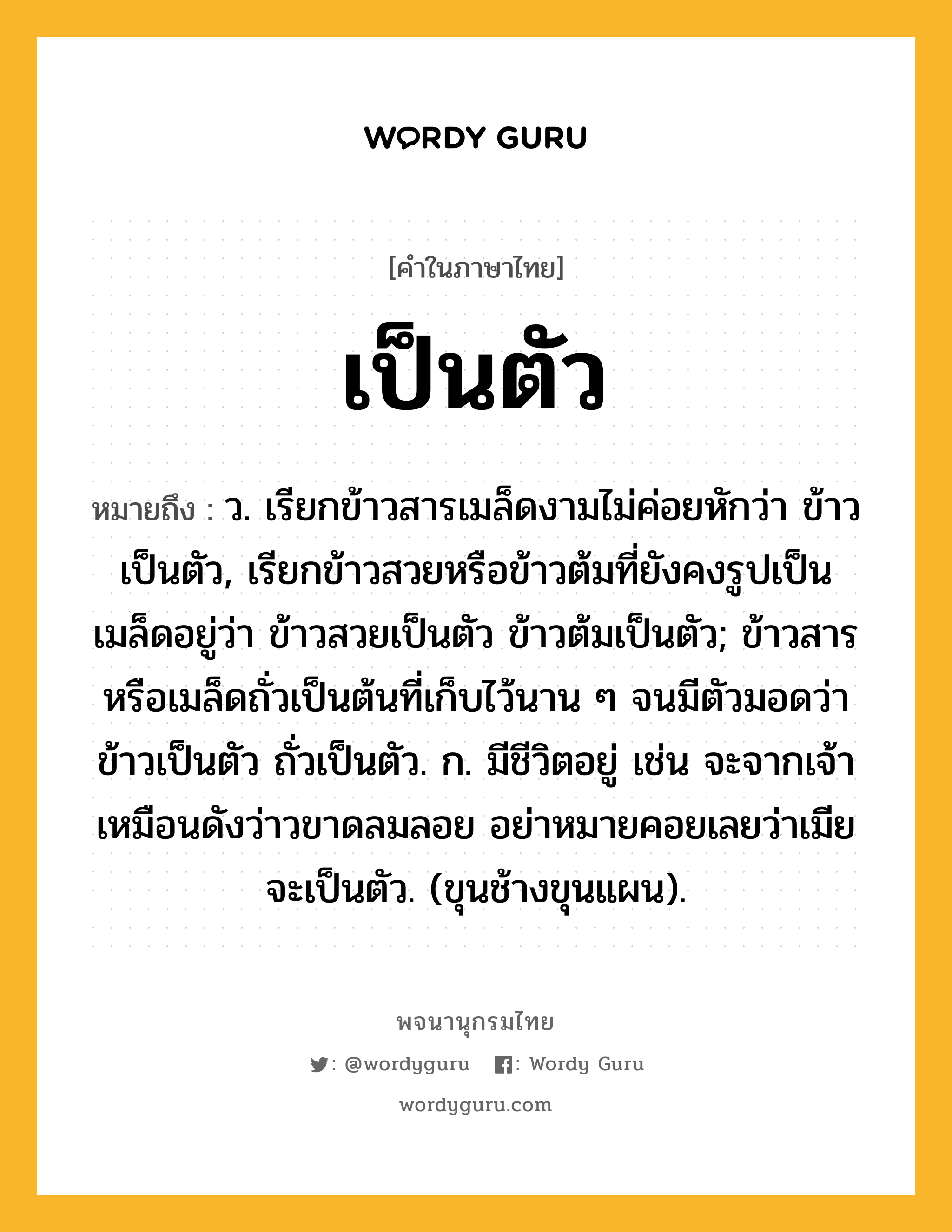 เป็นตัว หมายถึงอะไร?, คำในภาษาไทย เป็นตัว หมายถึง ว. เรียกข้าวสารเมล็ดงามไม่ค่อยหักว่า ข้าวเป็นตัว, เรียกข้าวสวยหรือข้าวต้มที่ยังคงรูปเป็นเมล็ดอยู่ว่า ข้าวสวยเป็นตัว ข้าวต้มเป็นตัว; ข้าวสารหรือเมล็ดถั่วเป็นต้นที่เก็บไว้นาน ๆ จนมีตัวมอดว่า ข้าวเป็นตัว ถั่วเป็นตัว. ก. มีชีวิตอยู่ เช่น จะจากเจ้าเหมือนดังว่าวขาดลมลอย อย่าหมายคอยเลยว่าเมียจะเป็นตัว. (ขุนช้างขุนแผน).