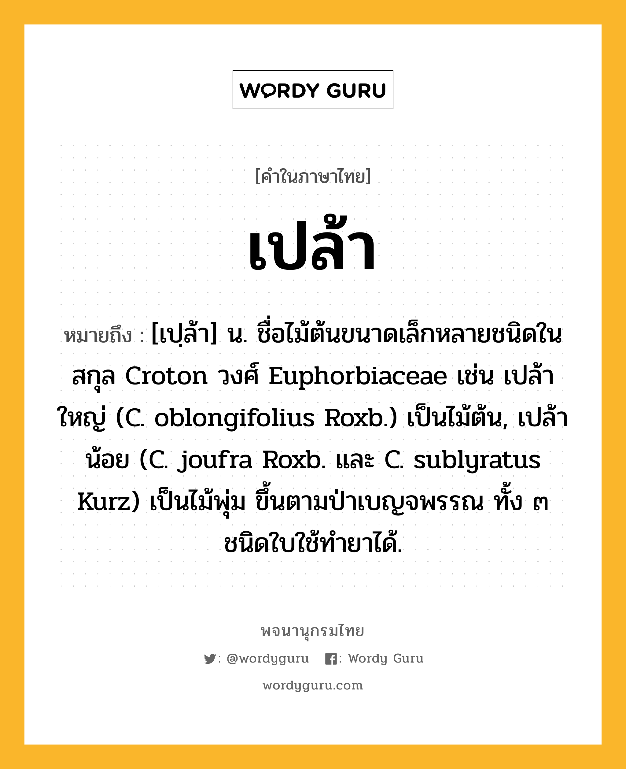 เปล้า หมายถึงอะไร?, คำในภาษาไทย เปล้า หมายถึง [เปฺล้า] น. ชื่อไม้ต้นขนาดเล็กหลายชนิดในสกุล Croton วงศ์ Euphorbiaceae เช่น เปล้าใหญ่ (C. oblongifolius Roxb.) เป็นไม้ต้น, เปล้าน้อย (C. joufra Roxb. และ C. sublyratus Kurz) เป็นไม้พุ่ม ขึ้นตามป่าเบญจพรรณ ทั้ง ๓ ชนิดใบใช้ทํายาได้.