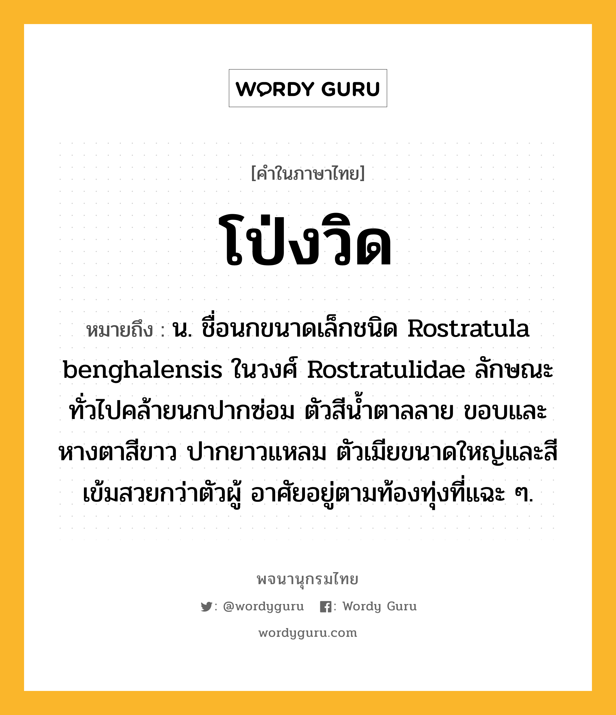 โป่งวิด หมายถึงอะไร?, คำในภาษาไทย โป่งวิด หมายถึง น. ชื่อนกขนาดเล็กชนิด Rostratula benghalensis ในวงศ์ Rostratulidae ลักษณะทั่วไปคล้ายนกปากซ่อม ตัวสีนํ้าตาลลาย ขอบและหางตาสีขาว ปากยาวแหลม ตัวเมียขนาดใหญ่และสีเข้มสวยกว่าตัวผู้ อาศัยอยู่ตามท้องทุ่งที่แฉะ ๆ.