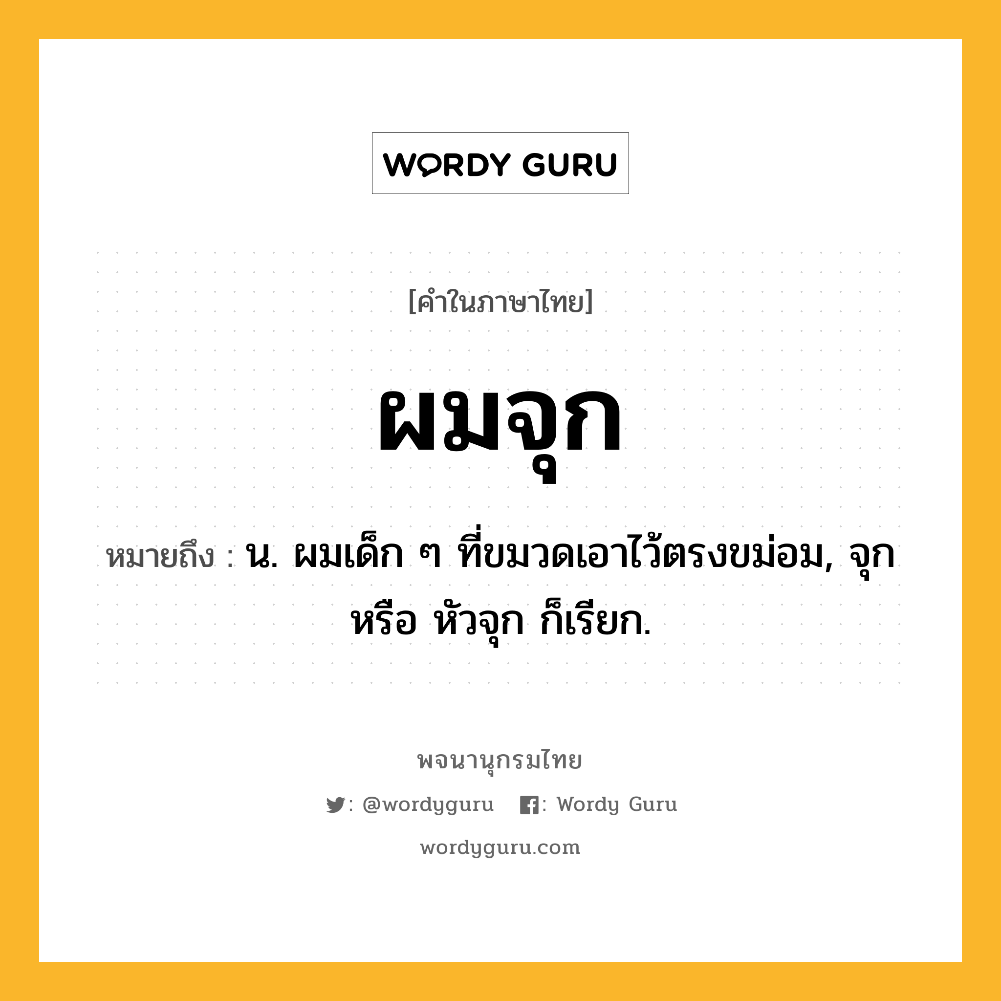 ผมจุก หมายถึงอะไร?, คำในภาษาไทย ผมจุก หมายถึง น. ผมเด็ก ๆ ที่ขมวดเอาไว้ตรงขม่อม, จุก หรือ หัวจุก ก็เรียก.