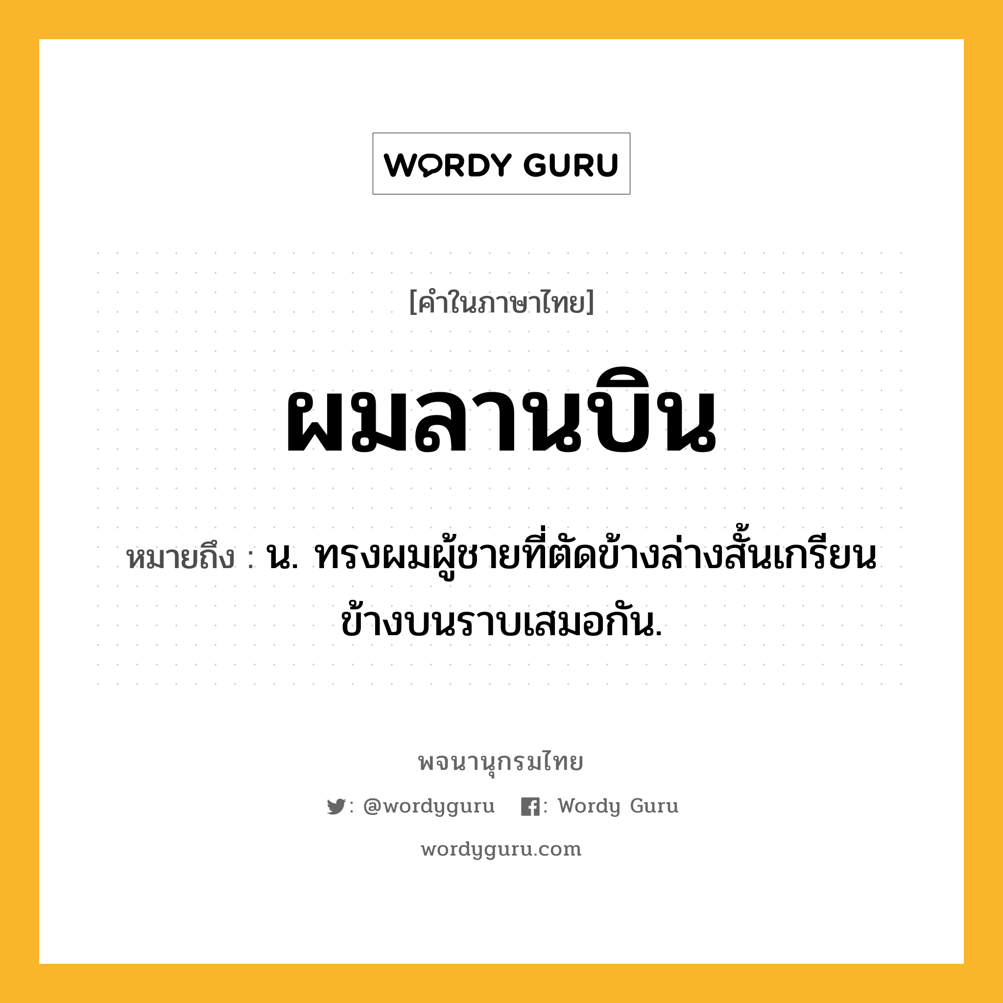 ผมลานบิน หมายถึงอะไร?, คำในภาษาไทย ผมลานบิน หมายถึง น. ทรงผมผู้ชายที่ตัดข้างล่างสั้นเกรียน ข้างบนราบเสมอกัน.