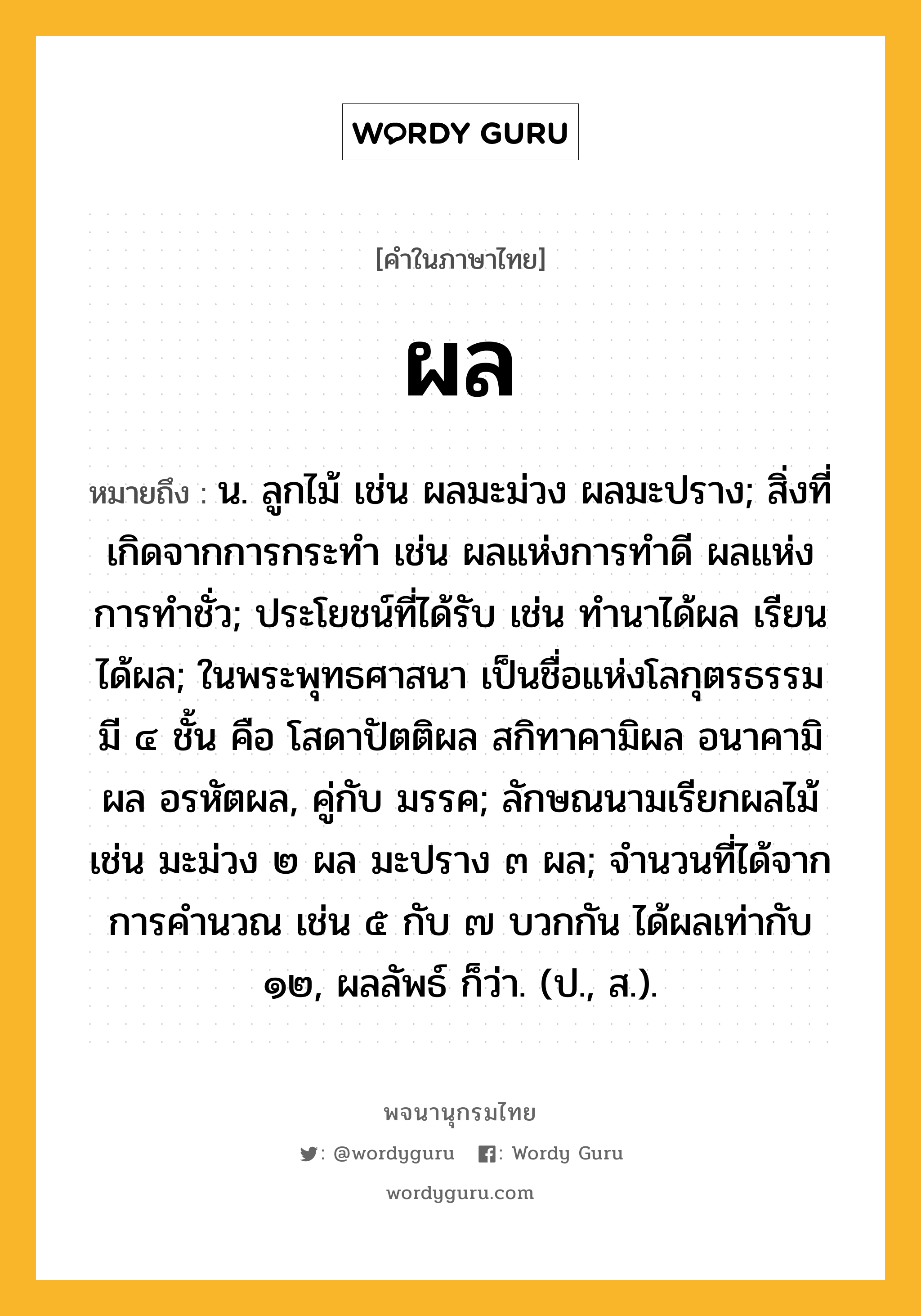 ผล หมายถึงอะไร?, คำในภาษาไทย ผล หมายถึง น. ลูกไม้ เช่น ผลมะม่วง ผลมะปราง; สิ่งที่เกิดจากการกระทำ เช่น ผลแห่งการทำดี ผลแห่งการทำชั่ว; ประโยชน์ที่ได้รับ เช่น ทำนาได้ผล เรียนได้ผล; ในพระพุทธศาสนา เป็นชื่อแห่งโลกุตรธรรม มี ๔ ชั้น คือ โสดาปัตติผล สกิทาคามิผล อนาคามิผล อรหัตผล, คู่กับ มรรค; ลักษณนามเรียกผลไม้ เช่น มะม่วง ๒ ผล มะปราง ๓ ผล; จำนวนที่ได้จากการคำนวณ เช่น ๕ กับ ๗ บวกกัน ได้ผลเท่ากับ ๑๒, ผลลัพธ์ ก็ว่า. (ป., ส.).