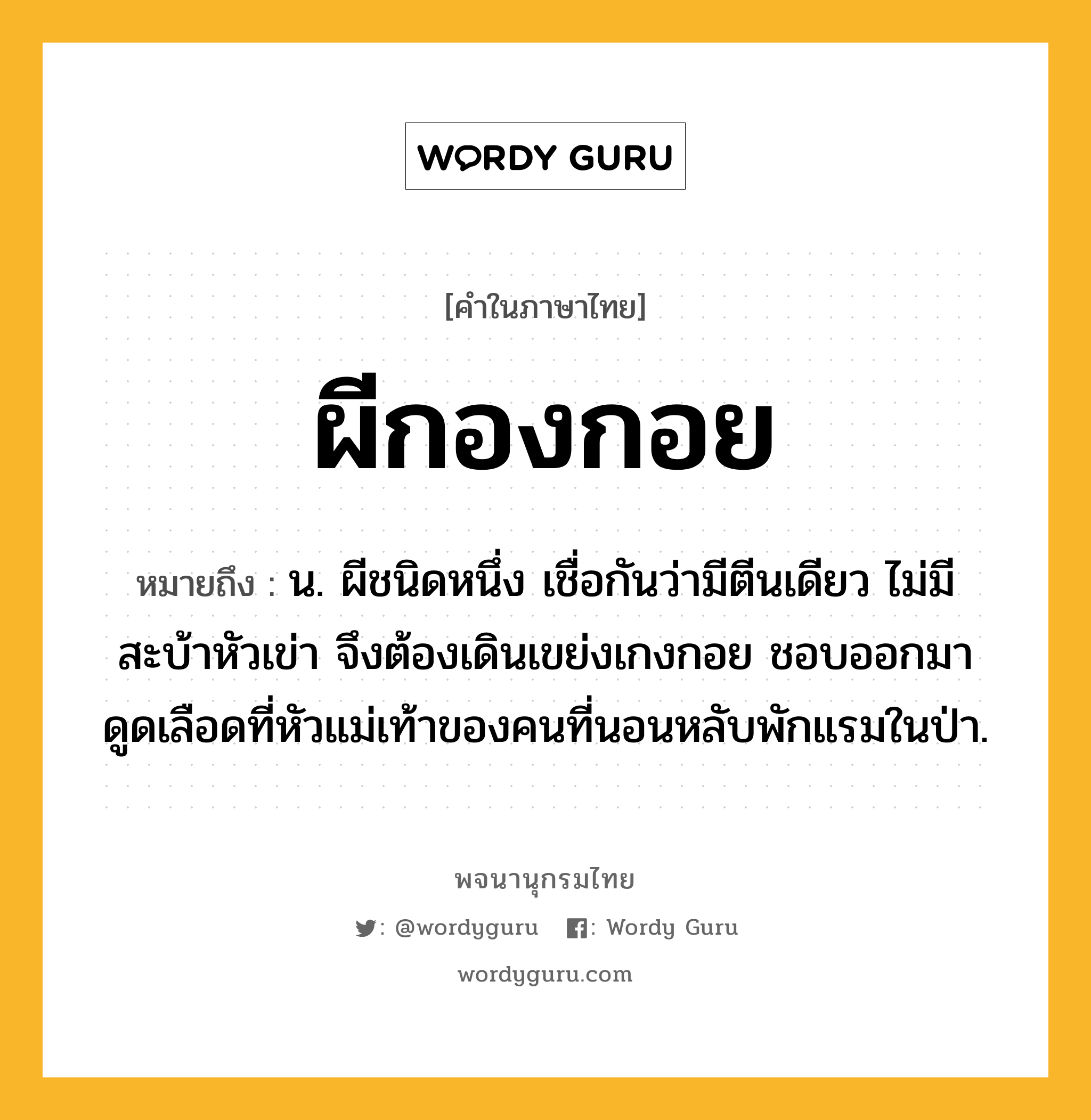 ผีกองกอย หมายถึงอะไร?, คำในภาษาไทย ผีกองกอย หมายถึง น. ผีชนิดหนึ่ง เชื่อกันว่ามีตีนเดียว ไม่มีสะบ้าหัวเข่า จึงต้องเดินเขย่งเกงกอย ชอบออกมาดูดเลือดที่หัวแม่เท้าของคนที่นอนหลับพักแรมในป่า.