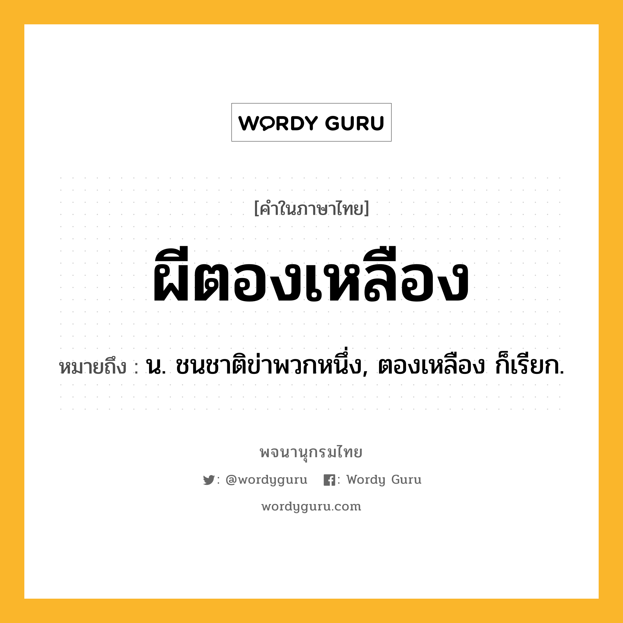 ผีตองเหลือง ความหมาย หมายถึงอะไร?, คำในภาษาไทย ผีตองเหลือง หมายถึง น. ชนชาติข่าพวกหนึ่ง, ตองเหลือง ก็เรียก.