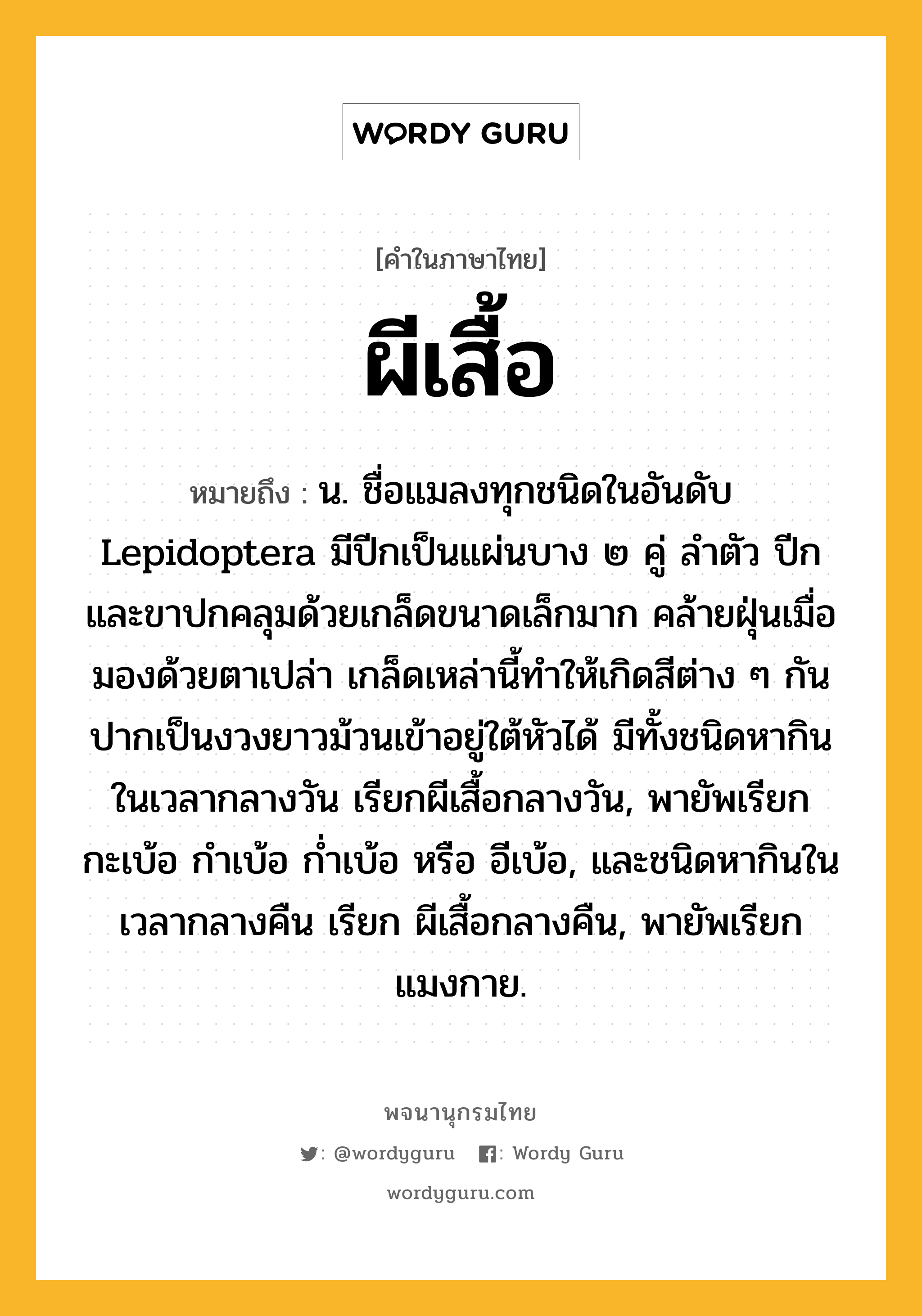 ผีเสื้อ หมายถึงอะไร?, คำในภาษาไทย ผีเสื้อ หมายถึง น. ชื่อแมลงทุกชนิดในอันดับ Lepidoptera มีปีกเป็นแผ่นบาง ๒ คู่ ลําตัว ปีก และขาปกคลุมด้วยเกล็ดขนาดเล็กมาก คล้ายฝุ่นเมื่อมองด้วยตาเปล่า เกล็ดเหล่านี้ทําให้เกิดสีต่าง ๆ กัน ปากเป็นงวงยาวม้วนเข้าอยู่ใต้หัวได้ มีทั้งชนิดหากินในเวลากลางวัน เรียกผีเสื้อกลางวัน, พายัพเรียก กะเบ้อ กำเบ้อ ก่ำเบ้อ หรือ อีเบ้อ, และชนิดหากินในเวลากลางคืน เรียก ผีเสื้อกลางคืน, พายัพเรียก แมงกาย.