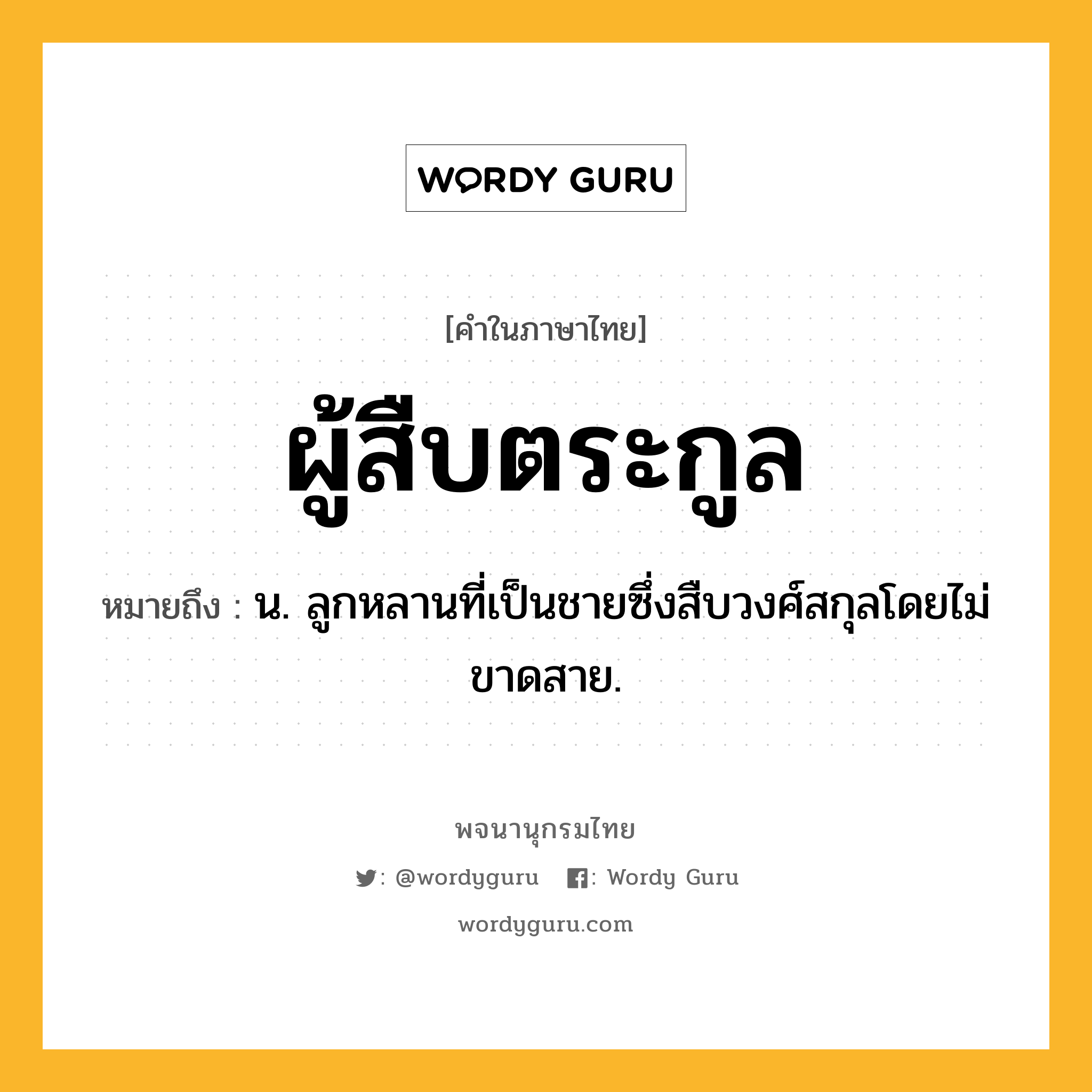 ผู้สืบตระกูล หมายถึงอะไร?, คำในภาษาไทย ผู้สืบตระกูล หมายถึง น. ลูกหลานที่เป็นชายซึ่งสืบวงศ์สกุลโดยไม่ขาดสาย.