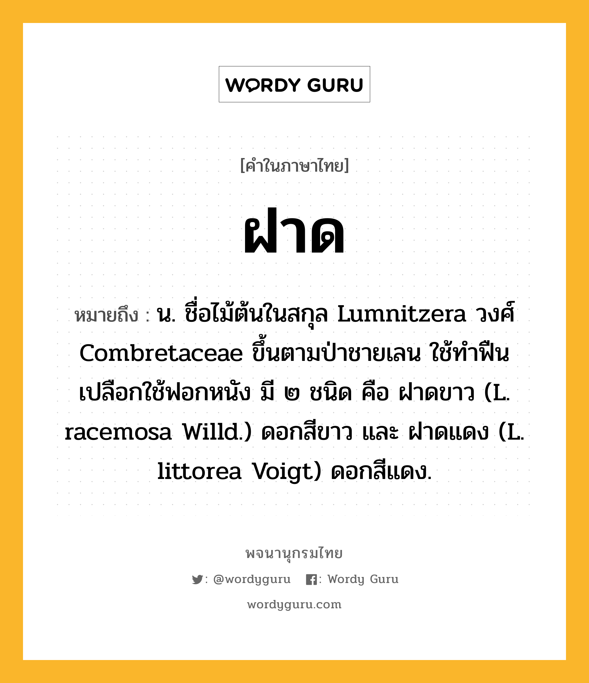 ฝาด หมายถึงอะไร?, คำในภาษาไทย ฝาด หมายถึง น. ชื่อไม้ต้นในสกุล Lumnitzera วงศ์ Combretaceae ขึ้นตามป่าชายเลน ใช้ทําฟืน เปลือกใช้ฟอกหนัง มี ๒ ชนิด คือ ฝาดขาว (L. racemosa Willd.) ดอกสีขาว และ ฝาดแดง (L. littorea Voigt) ดอกสีแดง.