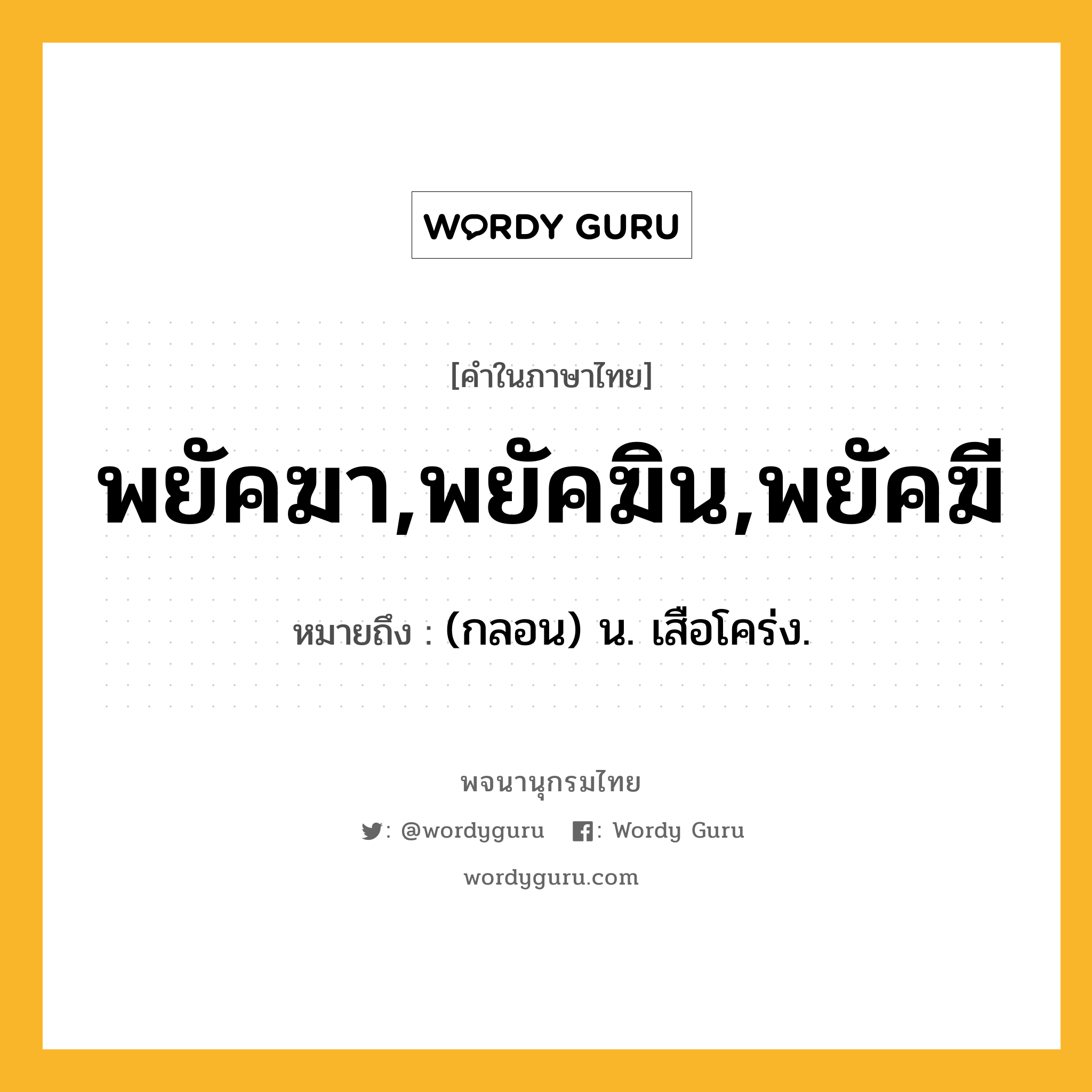 พยัคฆา,พยัคฆิน,พยัคฆี หมายถึงอะไร?, คำในภาษาไทย พยัคฆา,พยัคฆิน,พยัคฆี หมายถึง (กลอน) น. เสือโคร่ง.