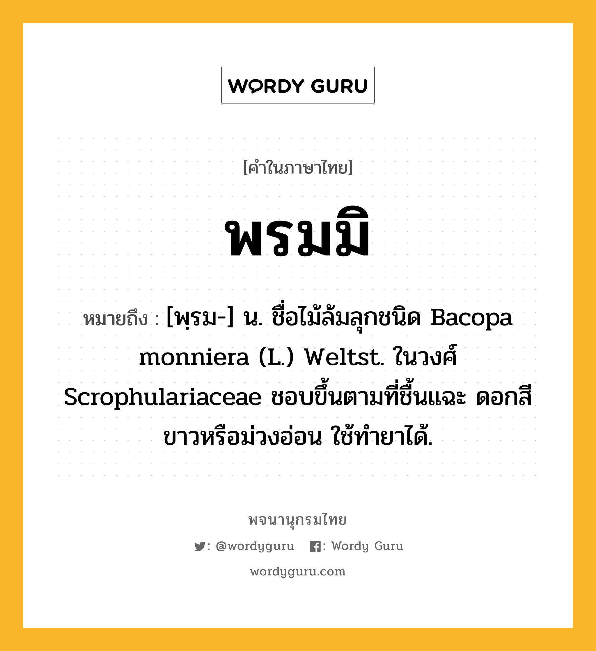 พรมมิ หมายถึงอะไร?, คำในภาษาไทย พรมมิ หมายถึง [พฺรม-] น. ชื่อไม้ล้มลุกชนิด Bacopa monniera (L.) Weltst. ในวงศ์ Scrophulariaceae ชอบขึ้นตามที่ชื้นแฉะ ดอกสีขาวหรือม่วงอ่อน ใช้ทํายาได้.