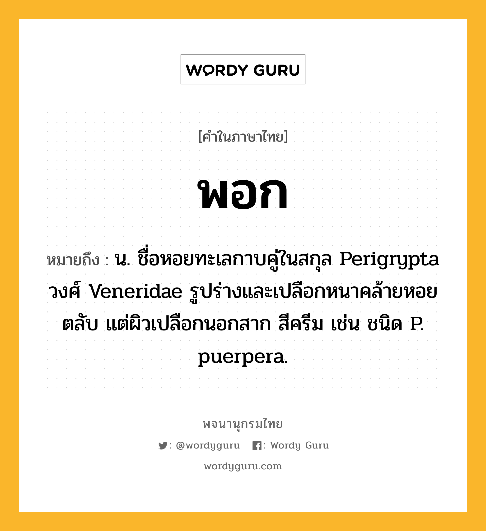 พอก หมายถึงอะไร?, คำในภาษาไทย พอก หมายถึง น. ชื่อหอยทะเลกาบคู่ในสกุล Perigrypta วงศ์ Veneridae รูปร่างและเปลือกหนาคล้ายหอยตลับ แต่ผิวเปลือกนอกสาก สีครีม เช่น ชนิด P. puerpera.