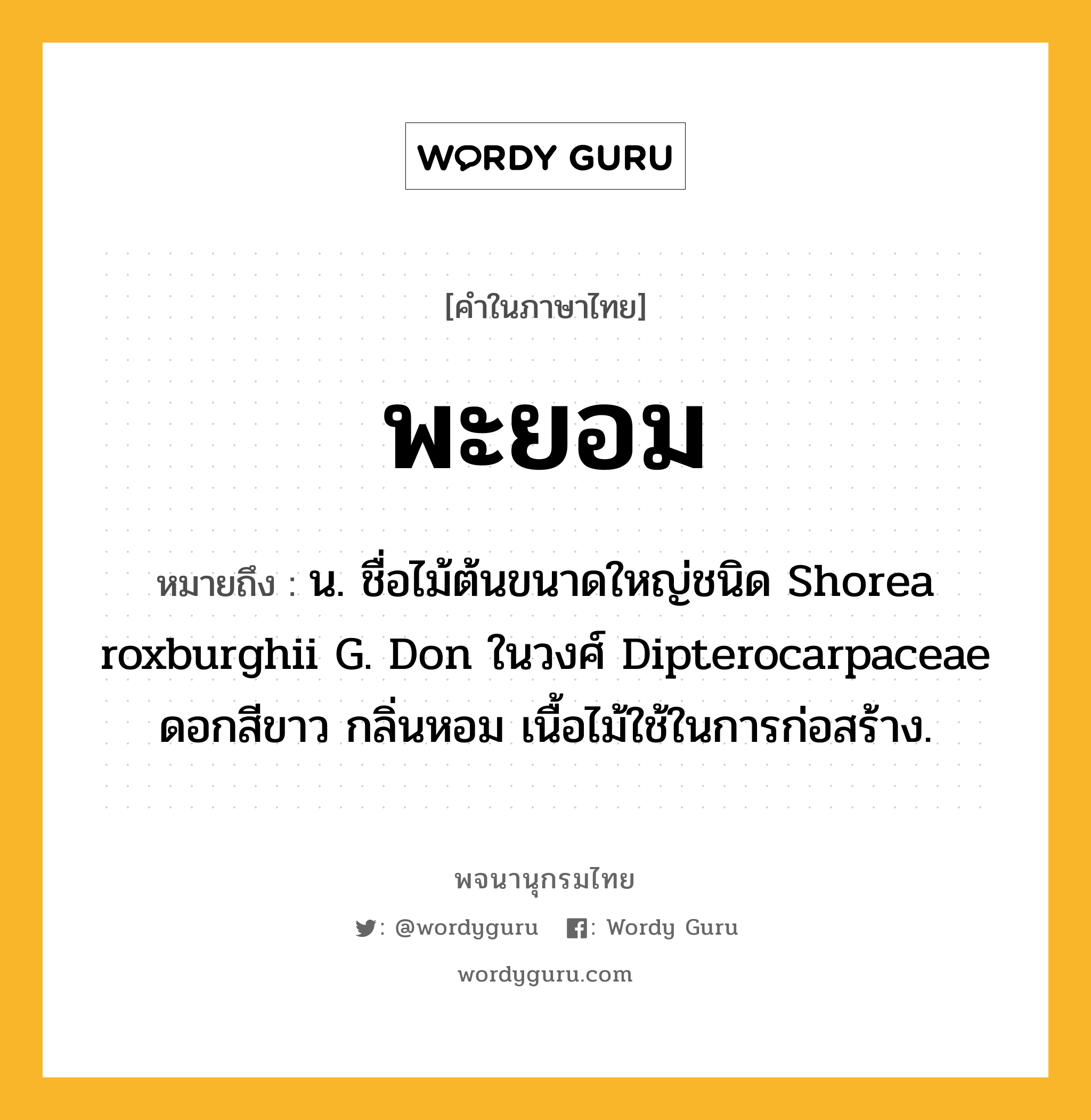 พะยอม หมายถึงอะไร?, คำในภาษาไทย พะยอม หมายถึง น. ชื่อไม้ต้นขนาดใหญ่ชนิด Shorea roxburghii G. Don ในวงศ์ Dipterocarpaceae ดอกสีขาว กลิ่นหอม เนื้อไม้ใช้ในการก่อสร้าง.