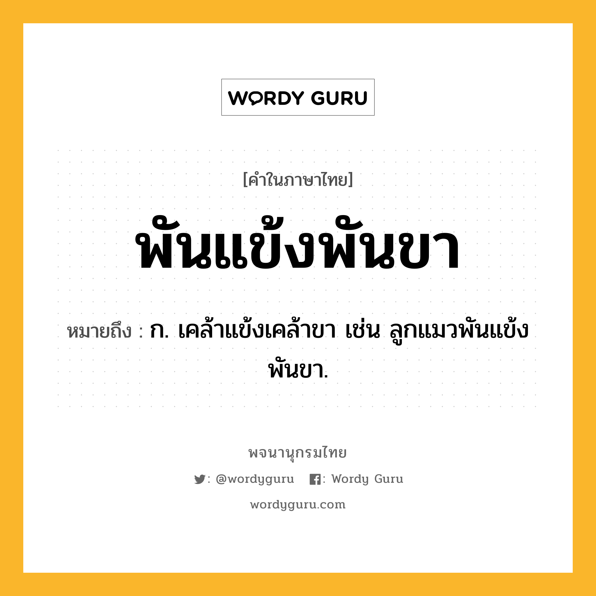 พันแข้งพันขา หมายถึงอะไร?, คำในภาษาไทย พันแข้งพันขา หมายถึง ก. เคล้าแข้งเคล้าขา เช่น ลูกแมวพันแข้งพันขา.