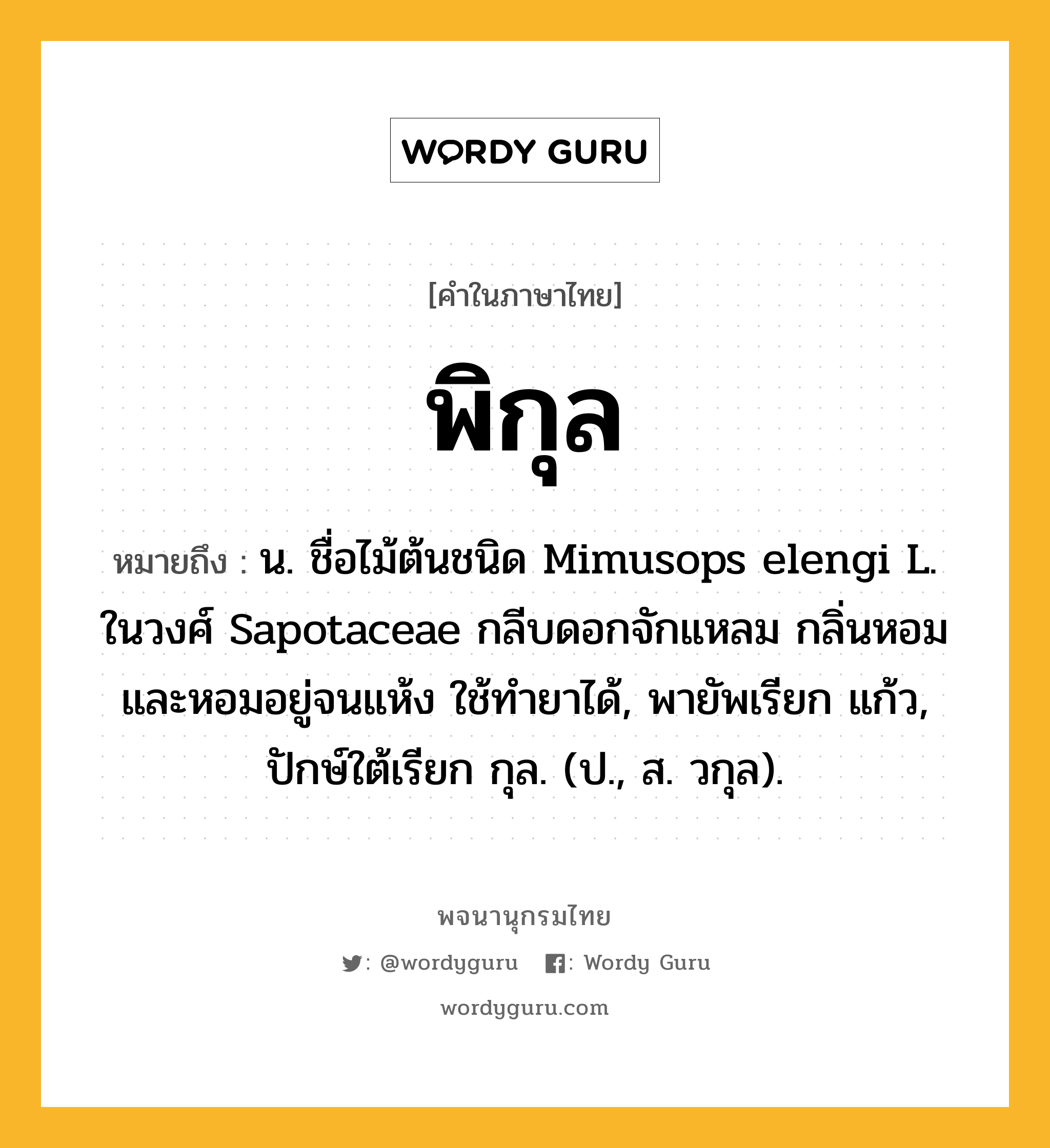 พิกุล หมายถึงอะไร?, คำในภาษาไทย พิกุล หมายถึง น. ชื่อไม้ต้นชนิด Mimusops elengi L. ในวงศ์ Sapotaceae กลีบดอกจักแหลม กลิ่นหอมและหอมอยู่จนแห้ง ใช้ทํายาได้, พายัพเรียก แก้ว, ปักษ์ใต้เรียก กุล. (ป., ส. วกุล).