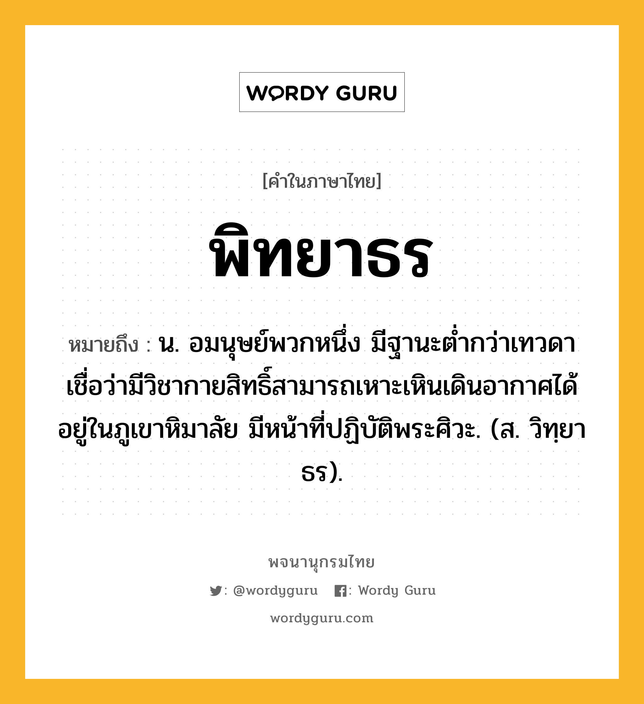 พิทยาธร หมายถึงอะไร?, คำในภาษาไทย พิทยาธร หมายถึง น. อมนุษย์พวกหนึ่ง มีฐานะตํ่ากว่าเทวดา เชื่อว่ามีวิชากายสิทธิ์สามารถเหาะเหินเดินอากาศได้ อยู่ในภูเขาหิมาลัย มีหน้าที่ปฏิบัติพระศิวะ. (ส. วิทฺยาธร).