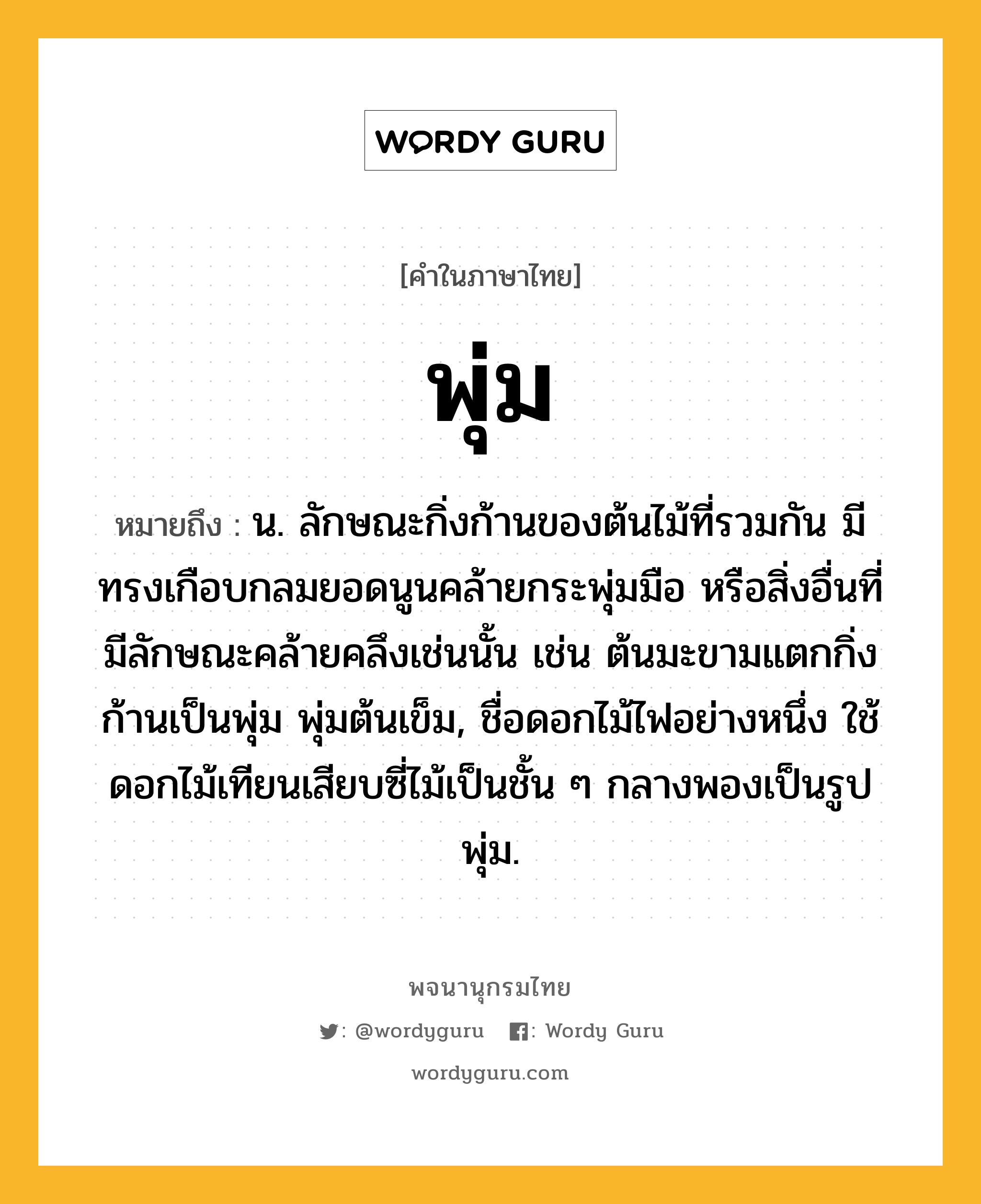 พุ่ม หมายถึงอะไร?, คำในภาษาไทย พุ่ม หมายถึง น. ลักษณะกิ่งก้านของต้นไม้ที่รวมกัน มีทรงเกือบกลมยอดนูนคล้ายกระพุ่มมือ หรือสิ่งอื่นที่มีลักษณะคล้ายคลึงเช่นนั้น เช่น ต้นมะขามแตกกิ่งก้านเป็นพุ่ม พุ่มต้นเข็ม, ชื่อดอกไม้ไฟอย่างหนึ่ง ใช้ดอกไม้เทียนเสียบซี่ไม้เป็นชั้น ๆ กลางพองเป็นรูปพุ่ม.