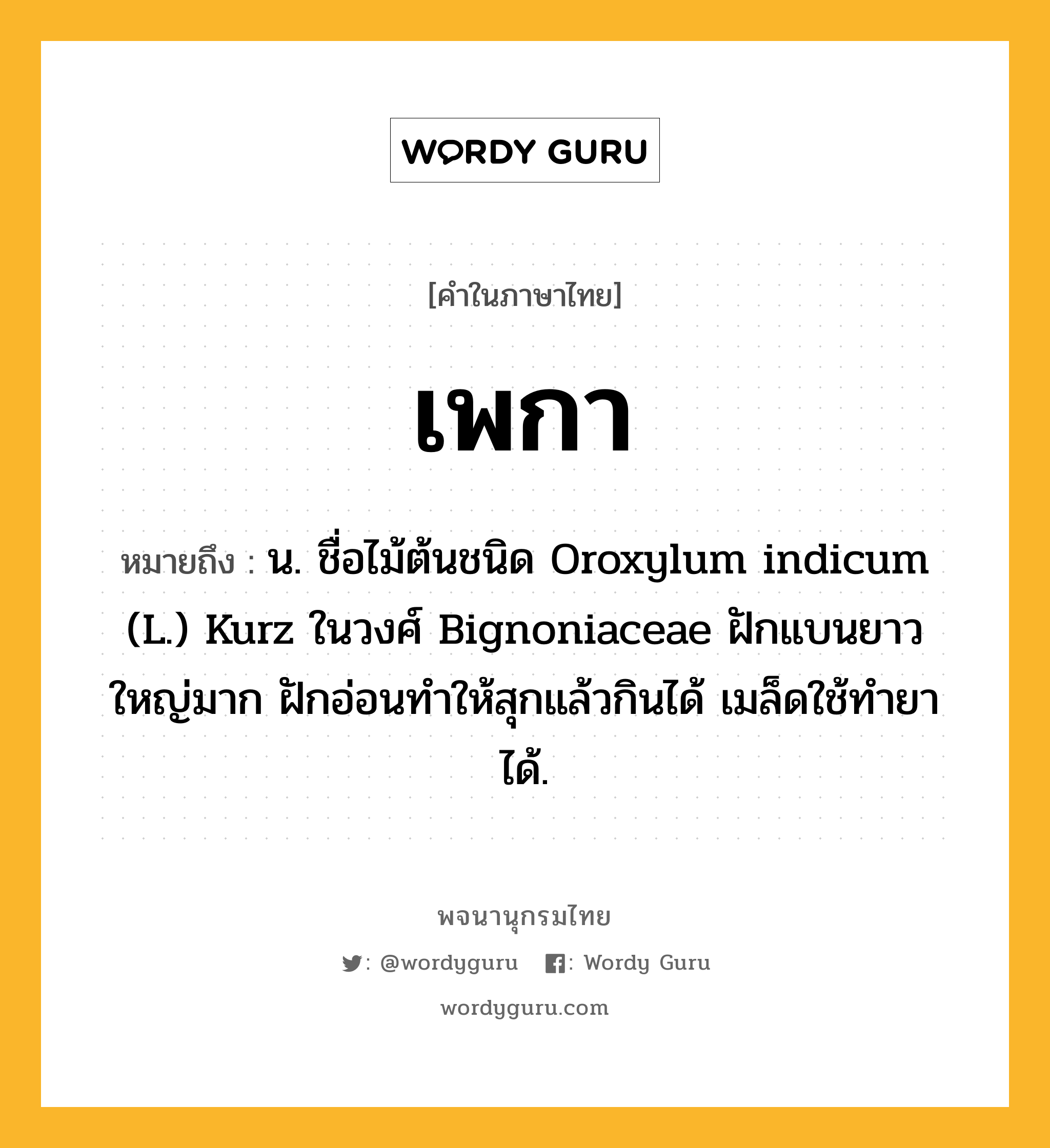 เพกา หมายถึงอะไร?, คำในภาษาไทย เพกา หมายถึง น. ชื่อไม้ต้นชนิด Oroxylum indicum (L.) Kurz ในวงศ์ Bignoniaceae ฝักแบนยาวใหญ่มาก ฝักอ่อนทําให้สุกแล้วกินได้ เมล็ดใช้ทํายาได้.