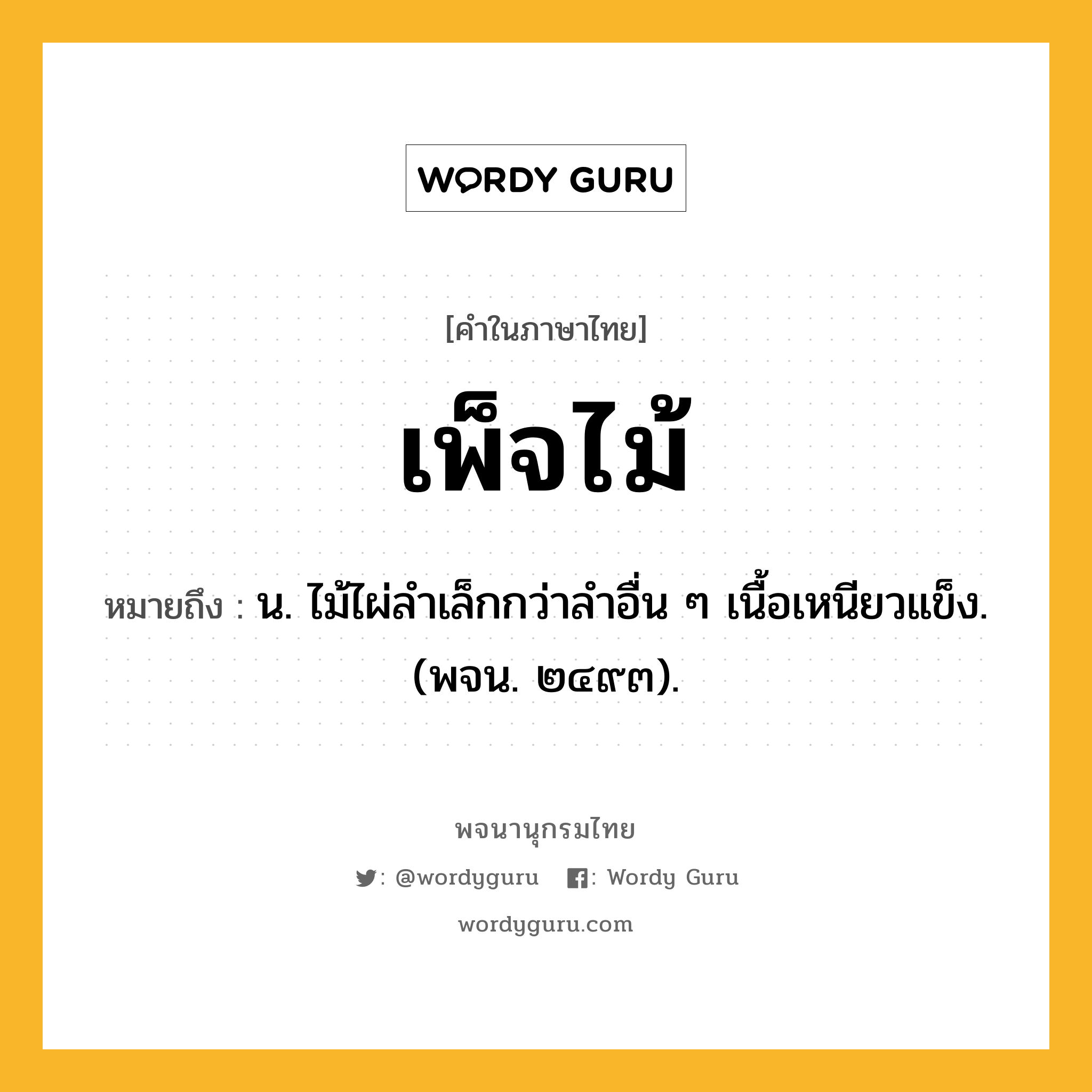 เพ็จไม้ หมายถึงอะไร?, คำในภาษาไทย เพ็จไม้ หมายถึง น. ไม้ไผ่ลําเล็กกว่าลําอื่น ๆ เนื้อเหนียวแข็ง. (พจน. ๒๔๙๓).